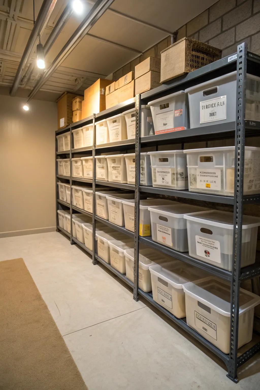 Extensive shelving systems optimize vertical storage in the basement.