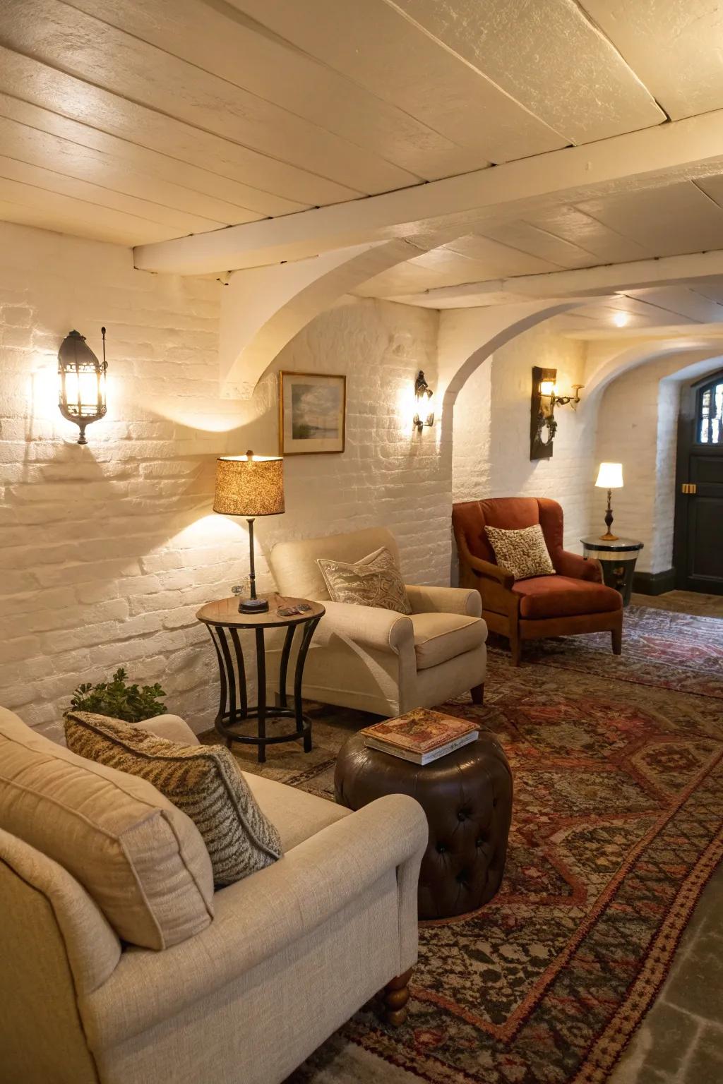 Walls in a light shade of off-white craft an inviting feeling in this lower level.