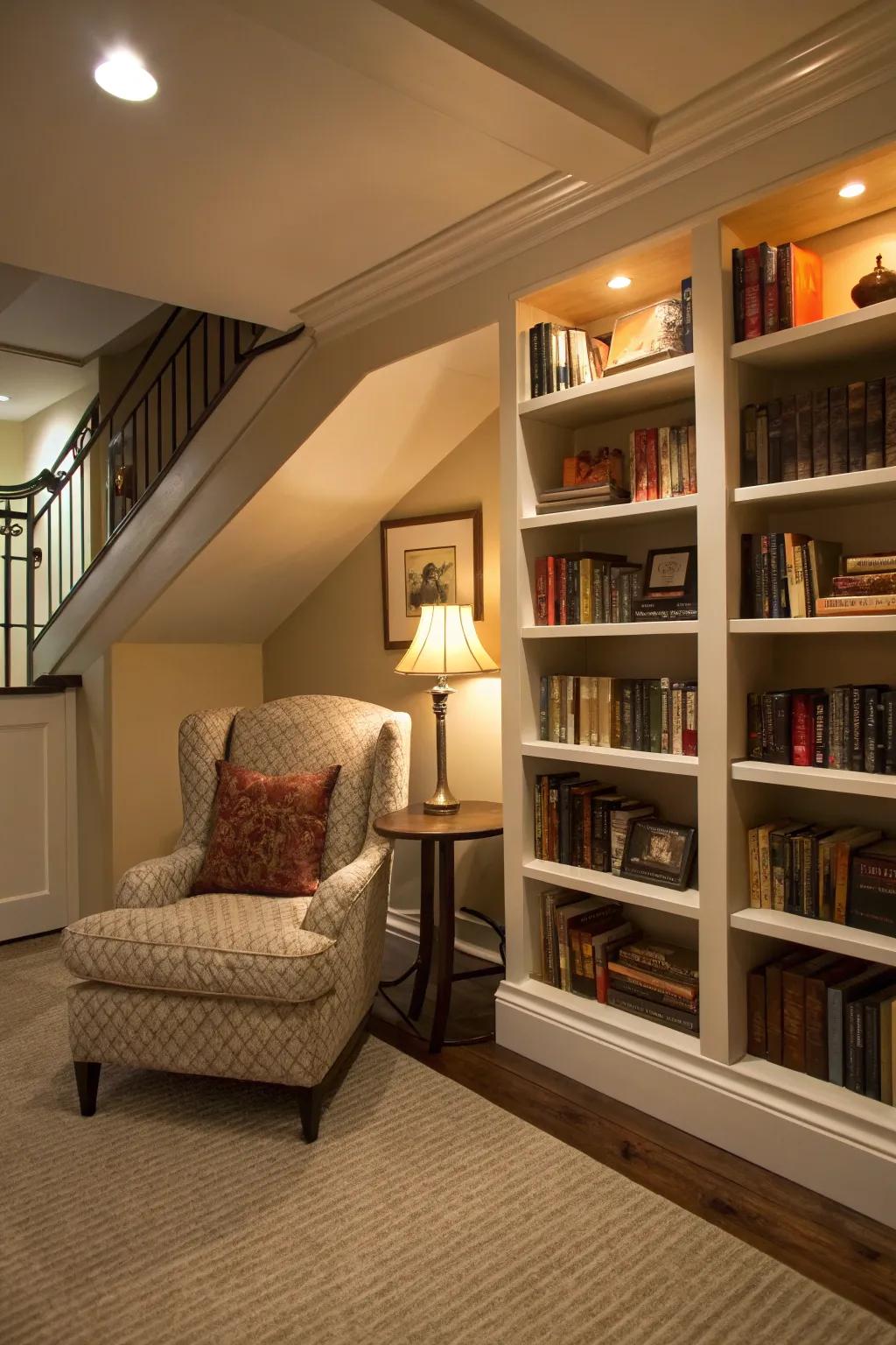 A cozy basement reading nook featuring custom bookshelves and gentle lighting.