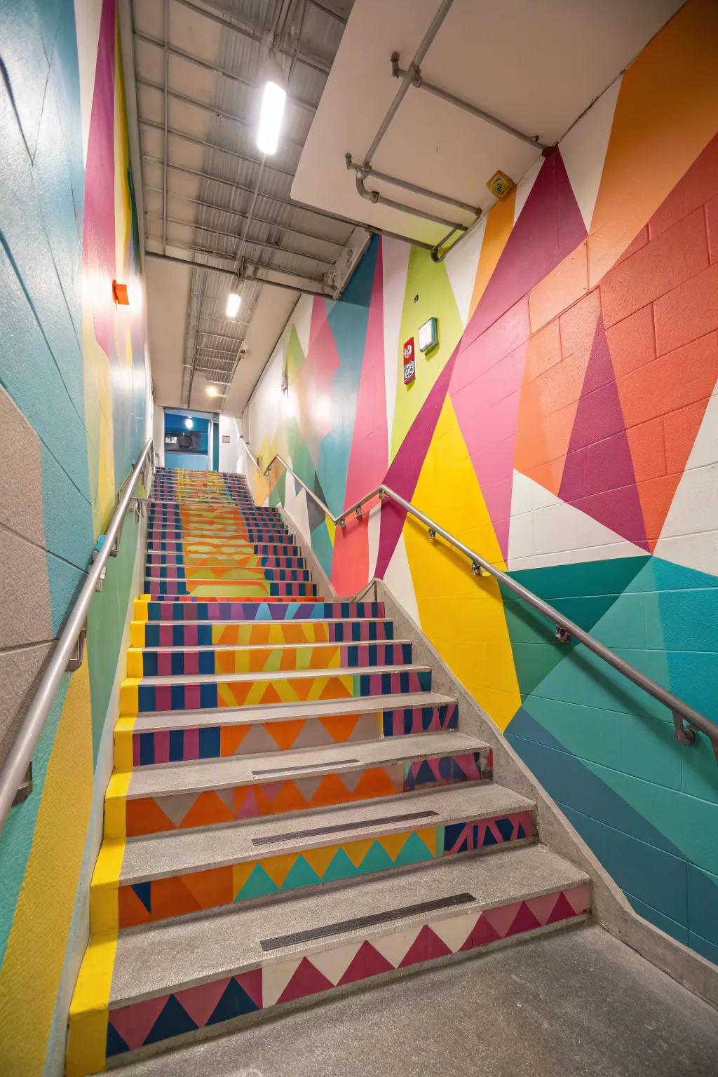 Vibrantly painted steps bring an energetic feel to the basement.