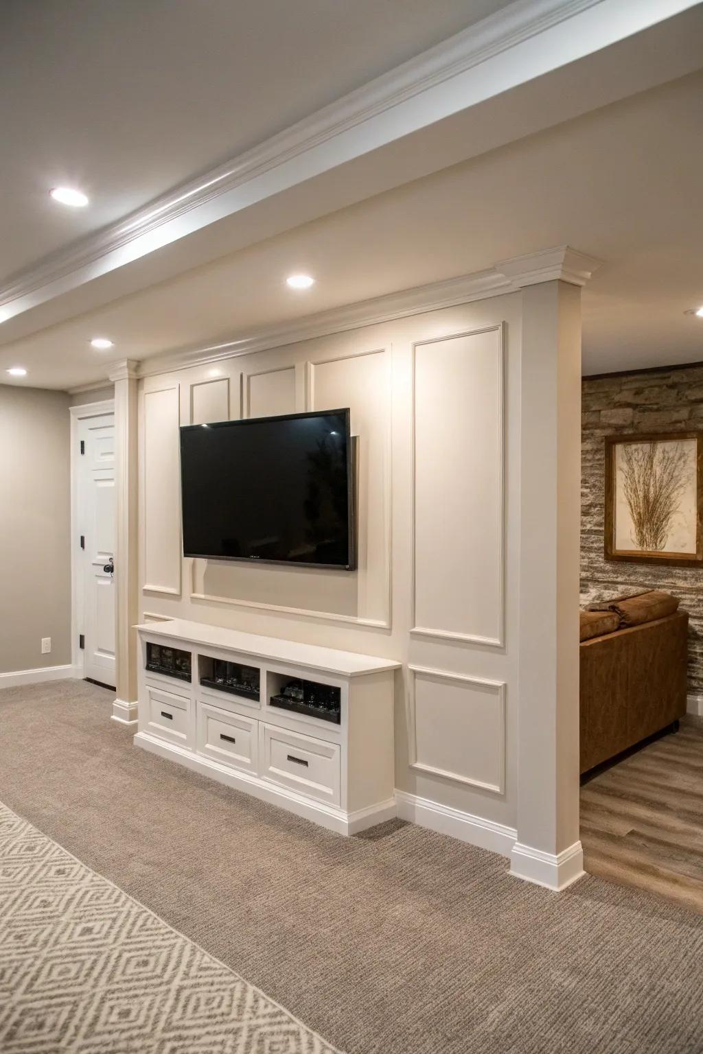 A minimalist basement TV space showcasing a streamlined, wall-mounted TV alongside complementary neutral decorative pieces.