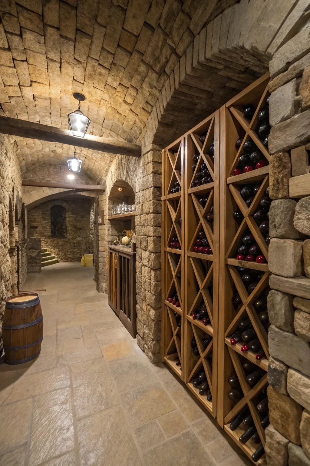 Stone walls create a country vibe within your basement wine space.