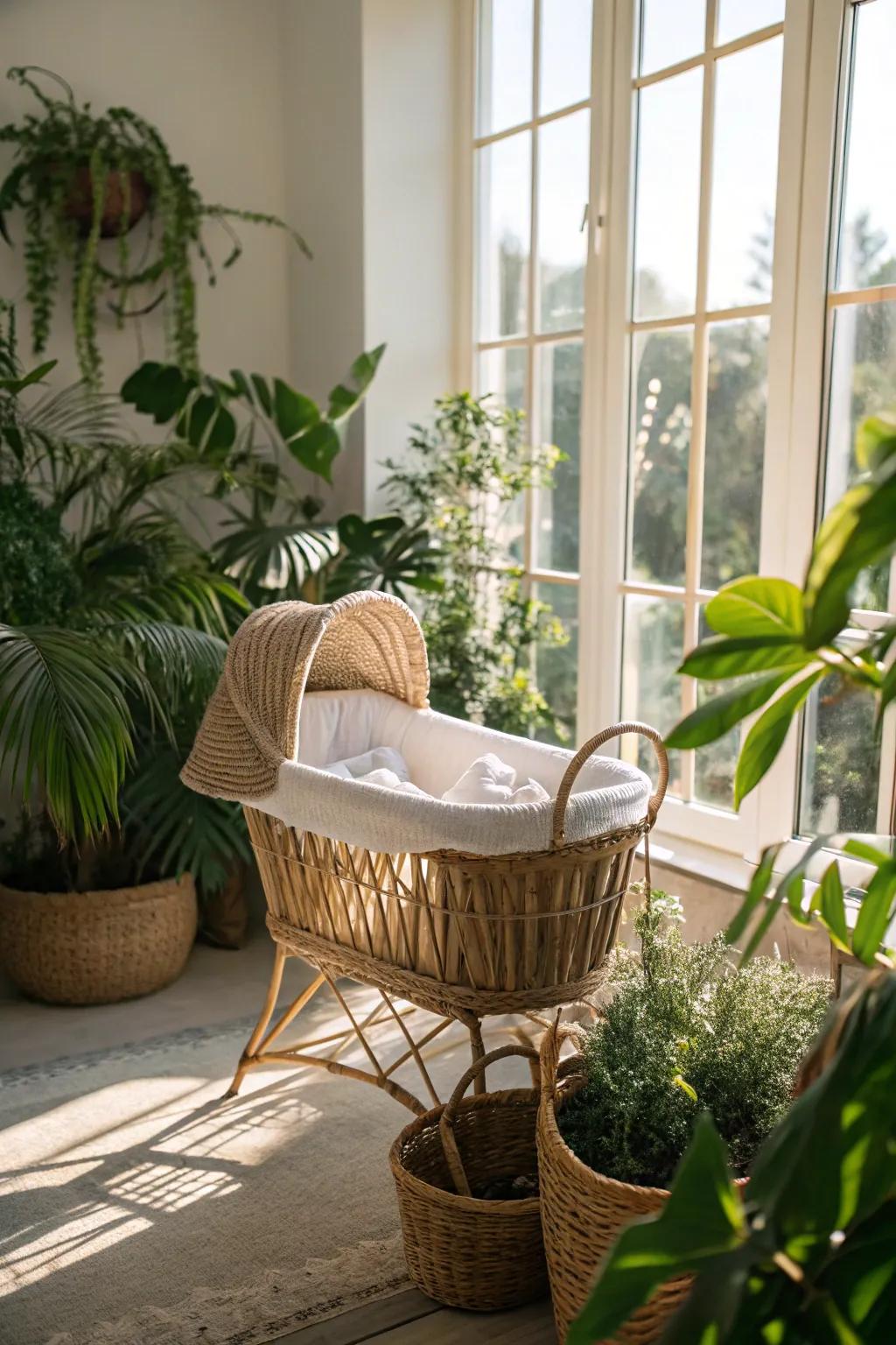 A charming wicker bassinet brings a touch of nature indoors.