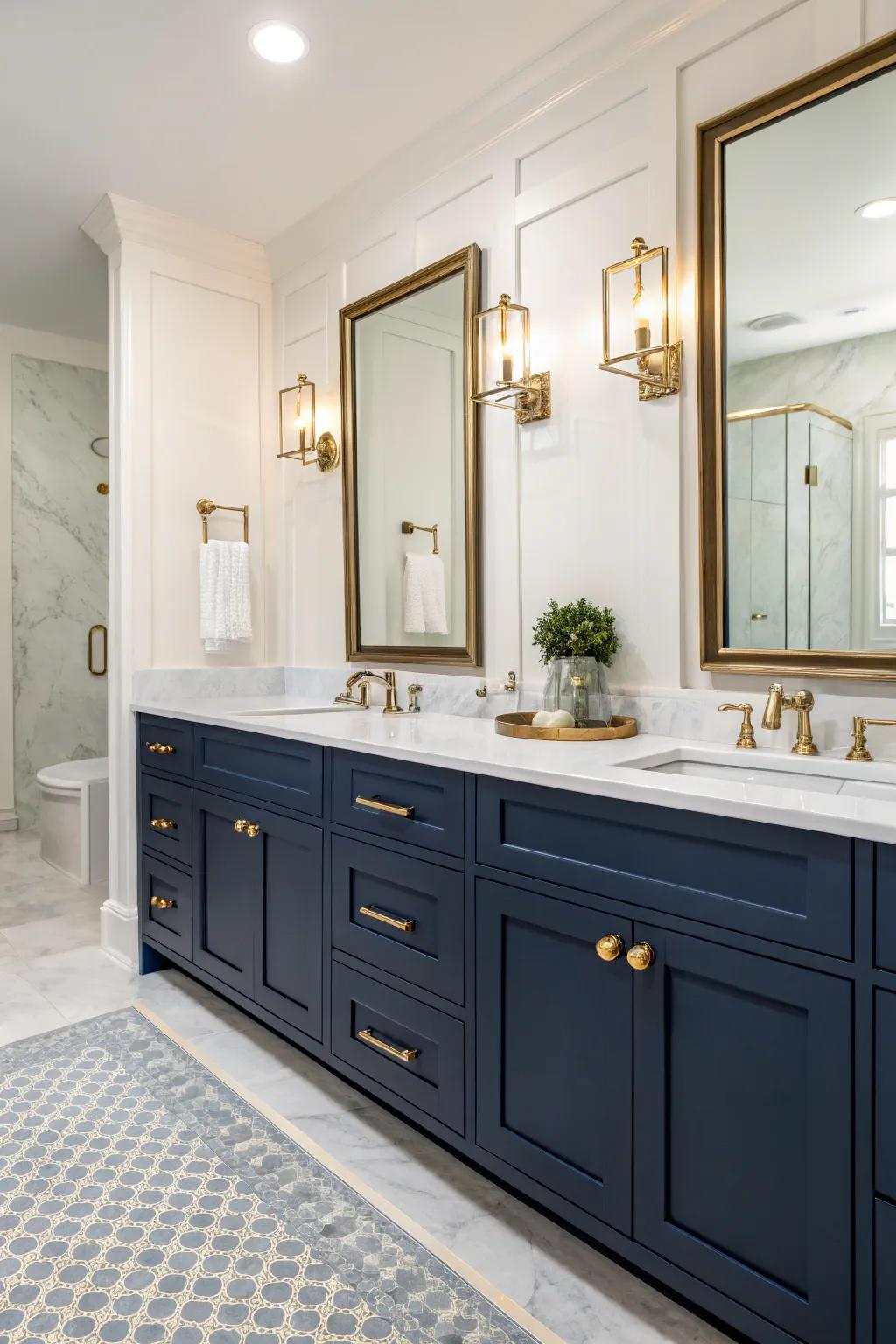 Midnight blue cabinets offer timeless elegance.
