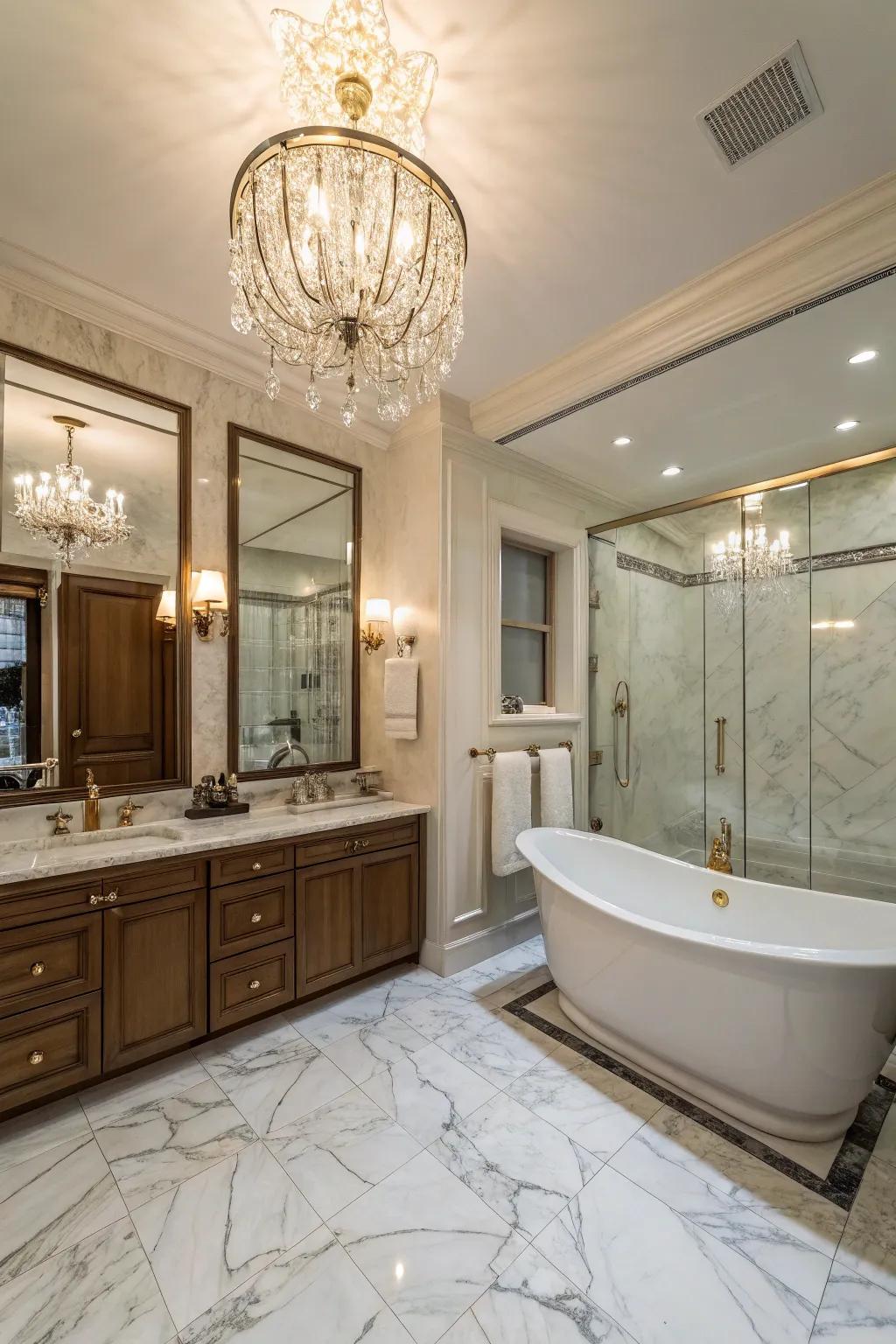 A chandelier introduces a hint of refinement to any bathroom.