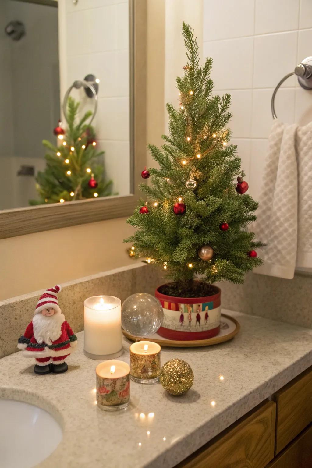 A charming miniature Christmas tree enhances the festive ambiance in this bathroom corner.