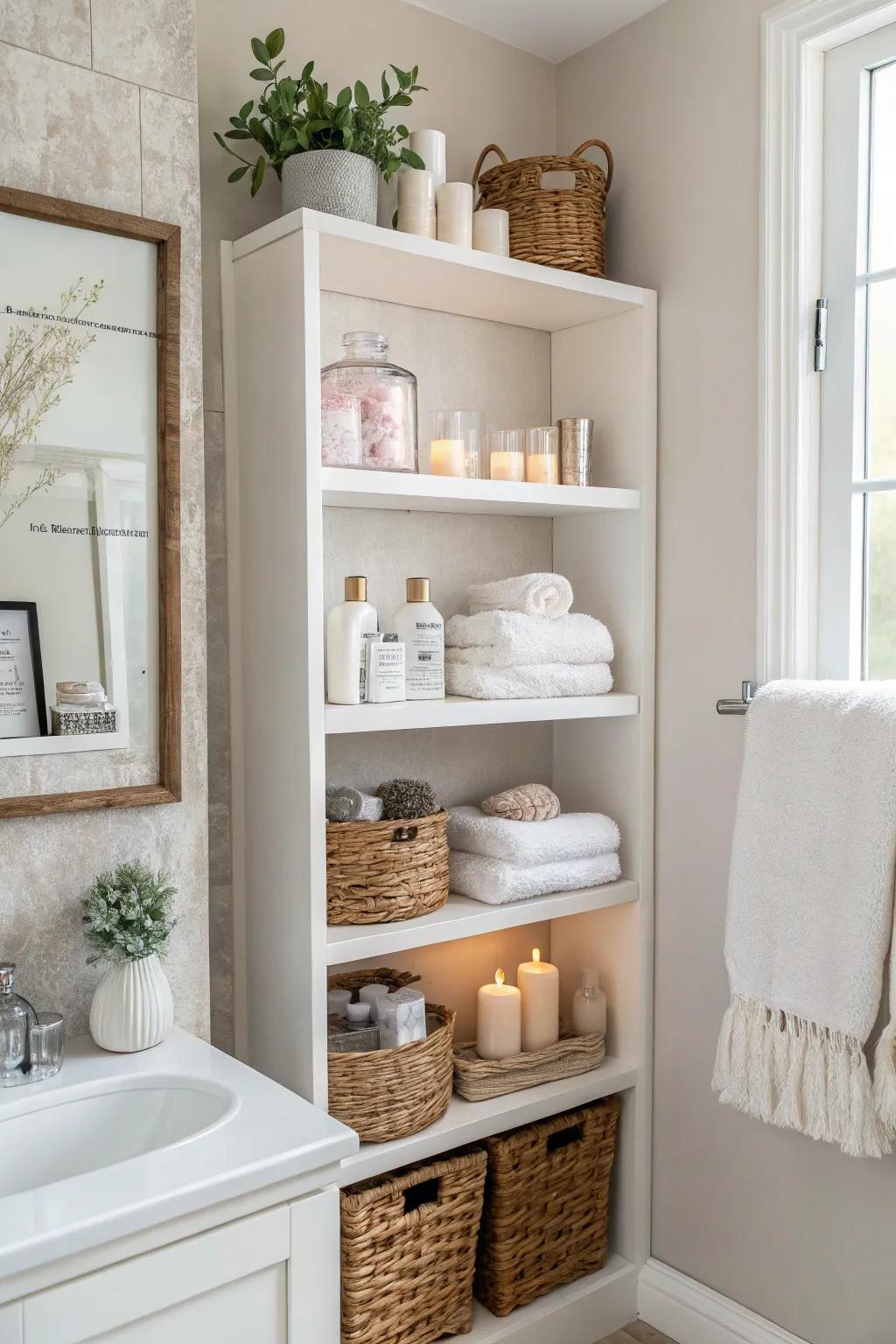 Open shelving turns your bathroom essentials into a stylish display.