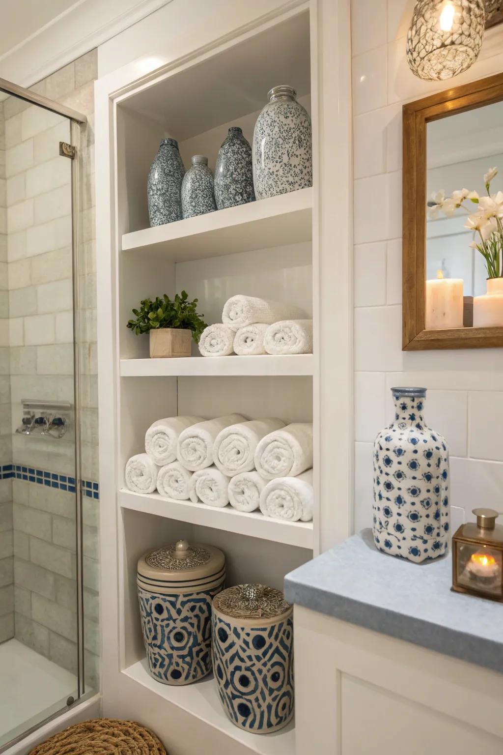 Open shelves adorned with neatly rolled towels and curated decorative items.