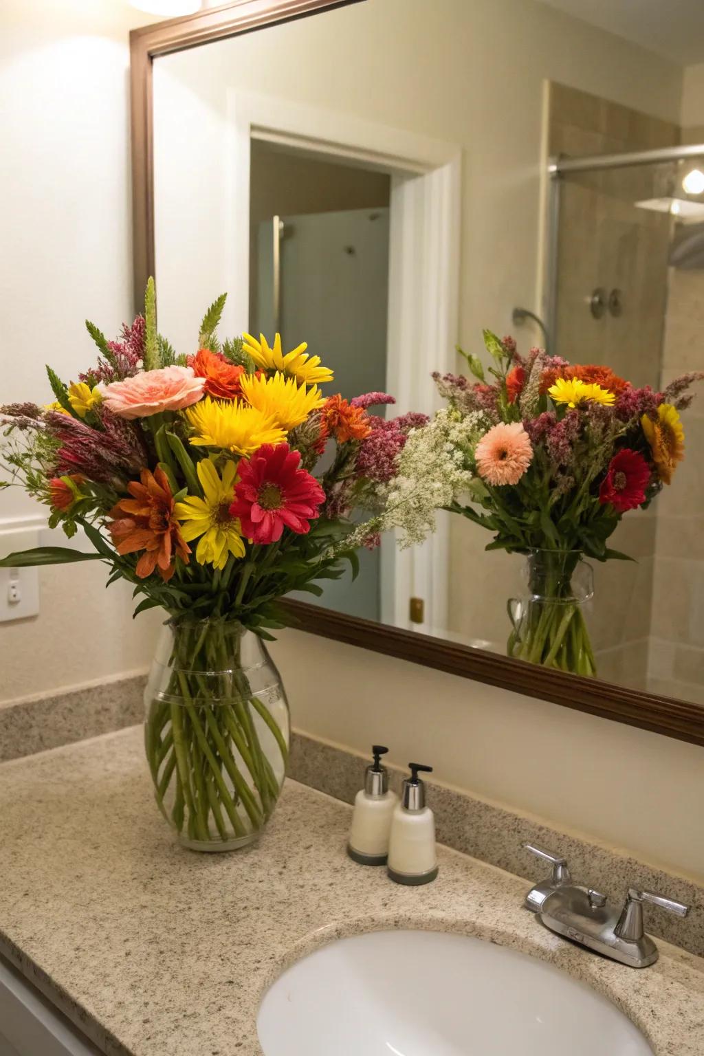 Kickstart your day with a lively flower display on your bathroom counter.