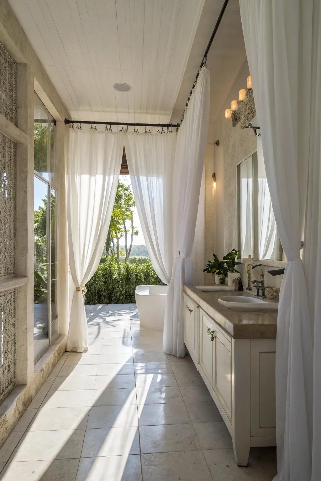 Classic white curtains provide a timeless elegance to any bathroom.