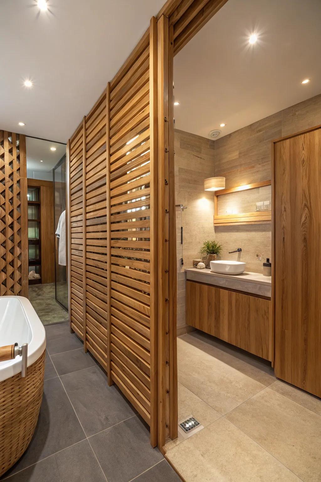 Cozy wooden slats add an organic touch to bathroom spaces.