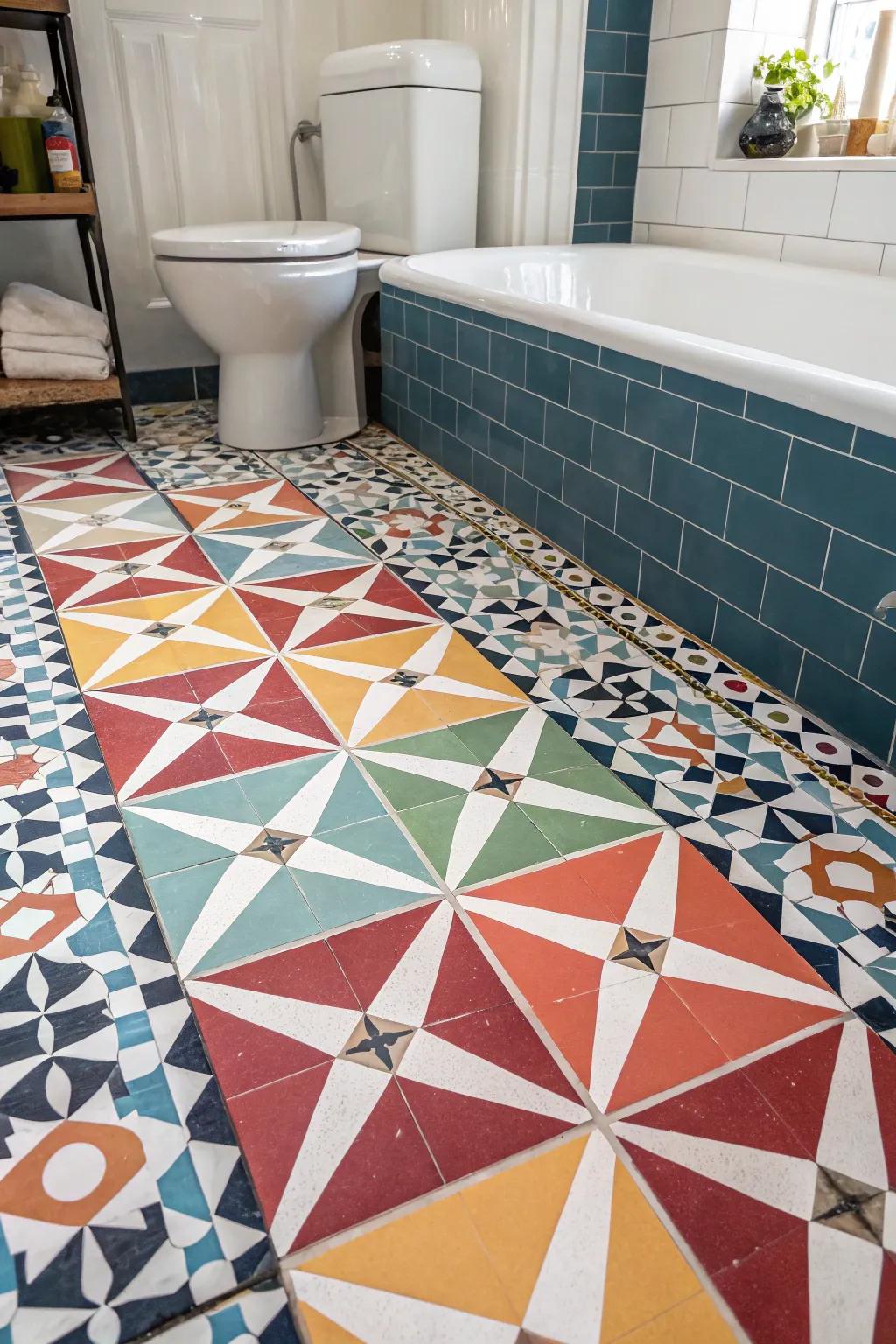 Geometric tiles give bathroom floors a modern update.