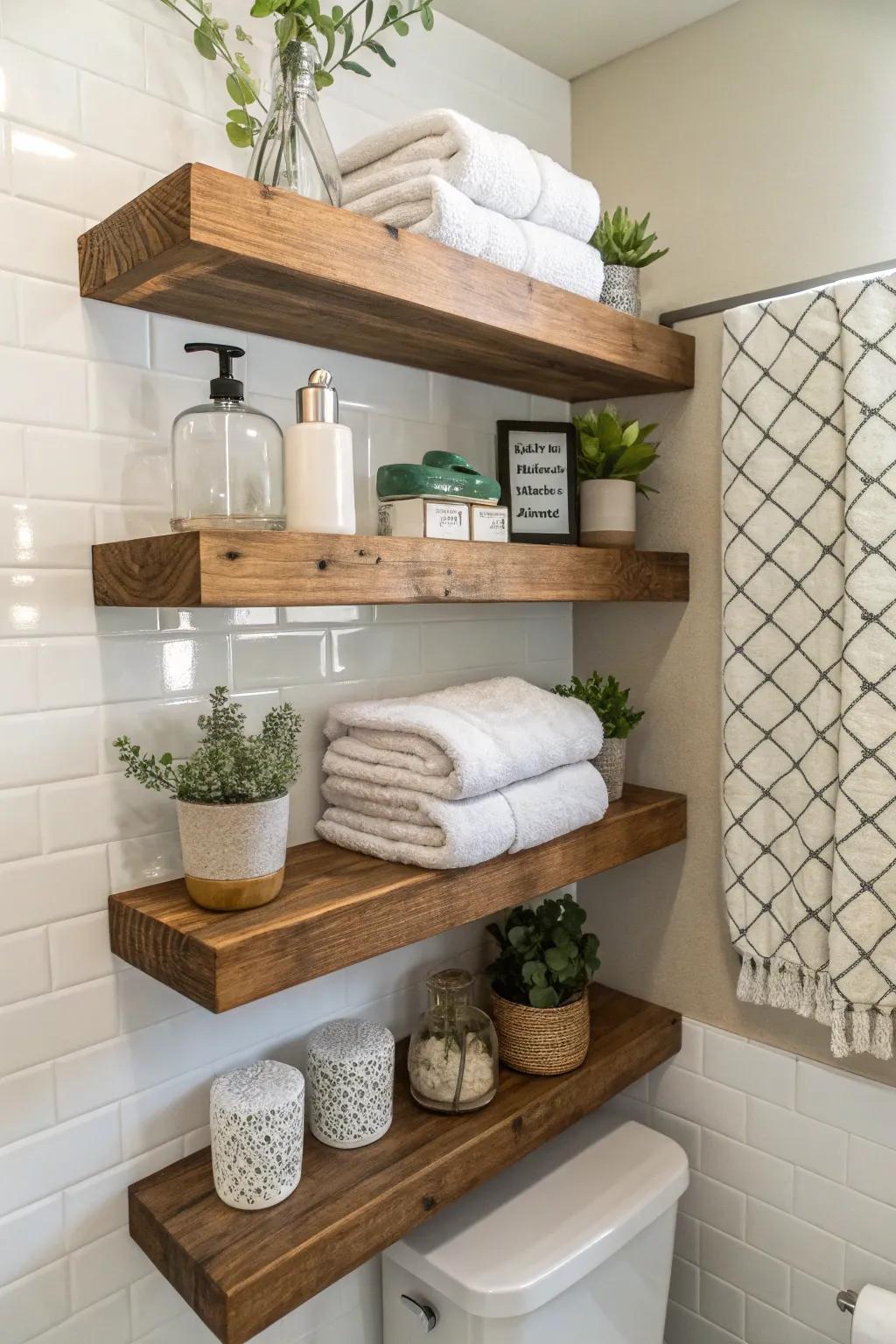 Wall-mounted racks provide a stylish and useful means to showcase hand towels.