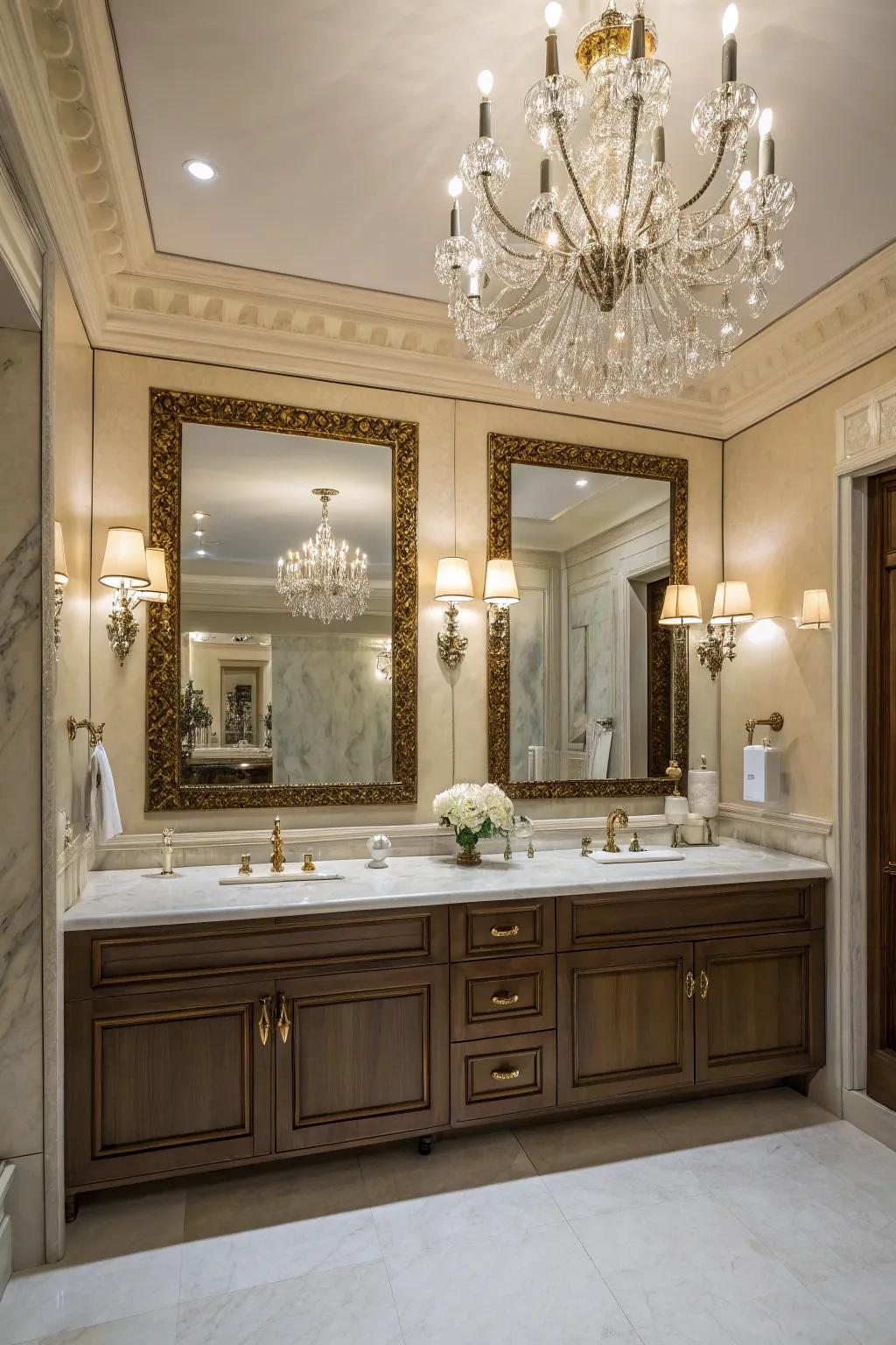 A full-wall mirror creates a striking visual in any bathroom.