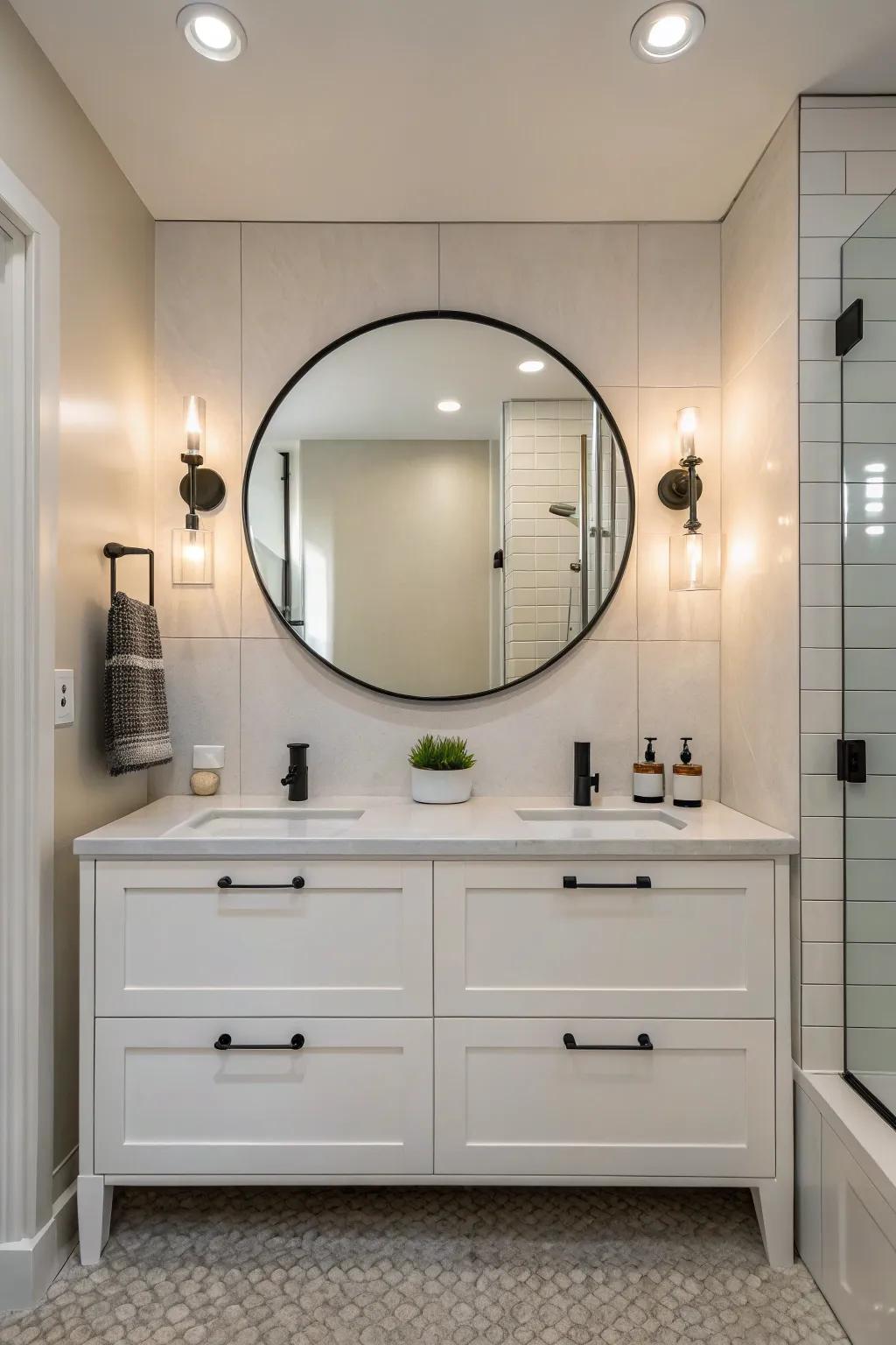Symmetrical sconces placed alongside a mirror offer balanced illumination.
