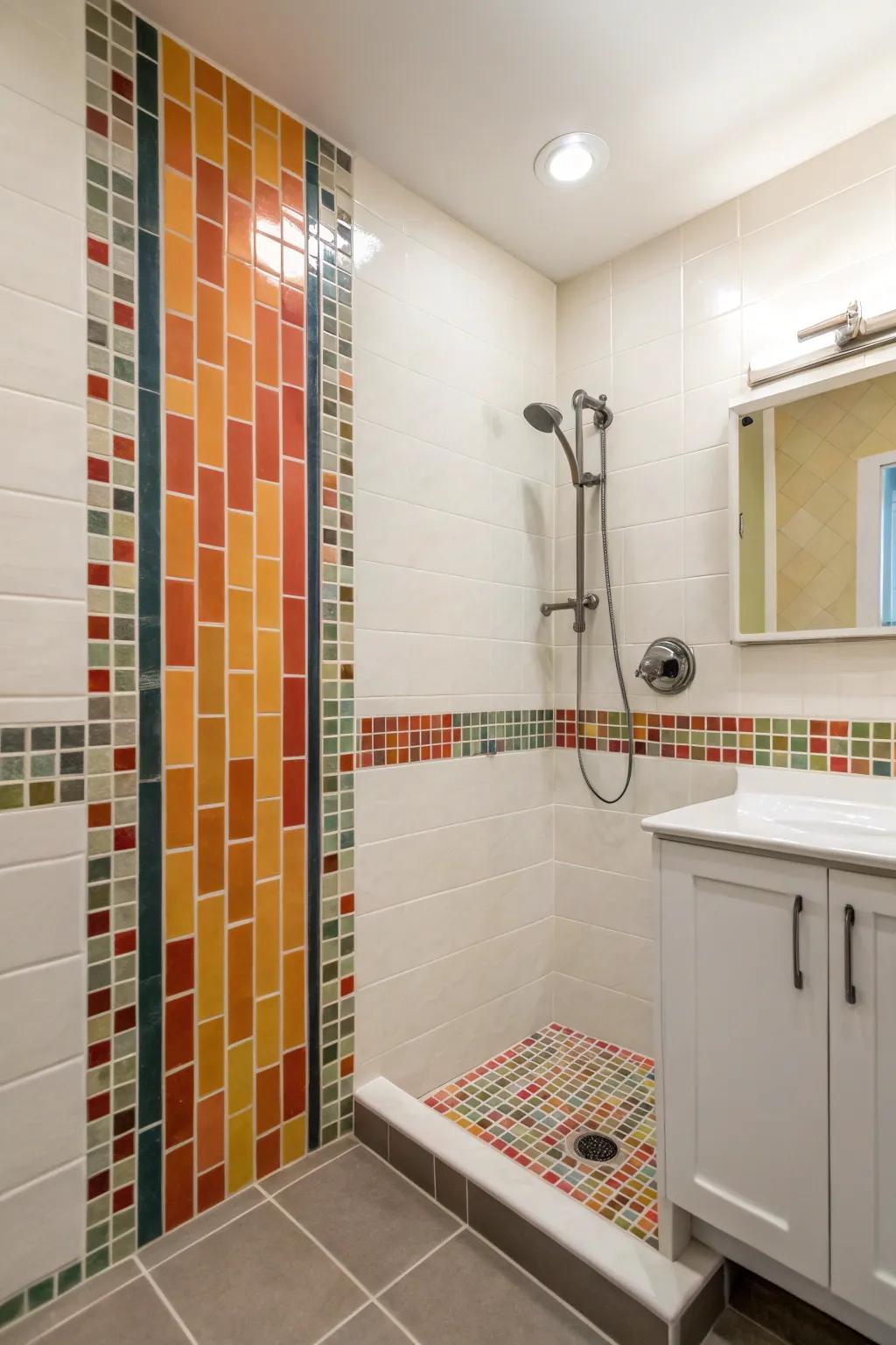 Statement borders provide a striking visual element to any bathroom space.
