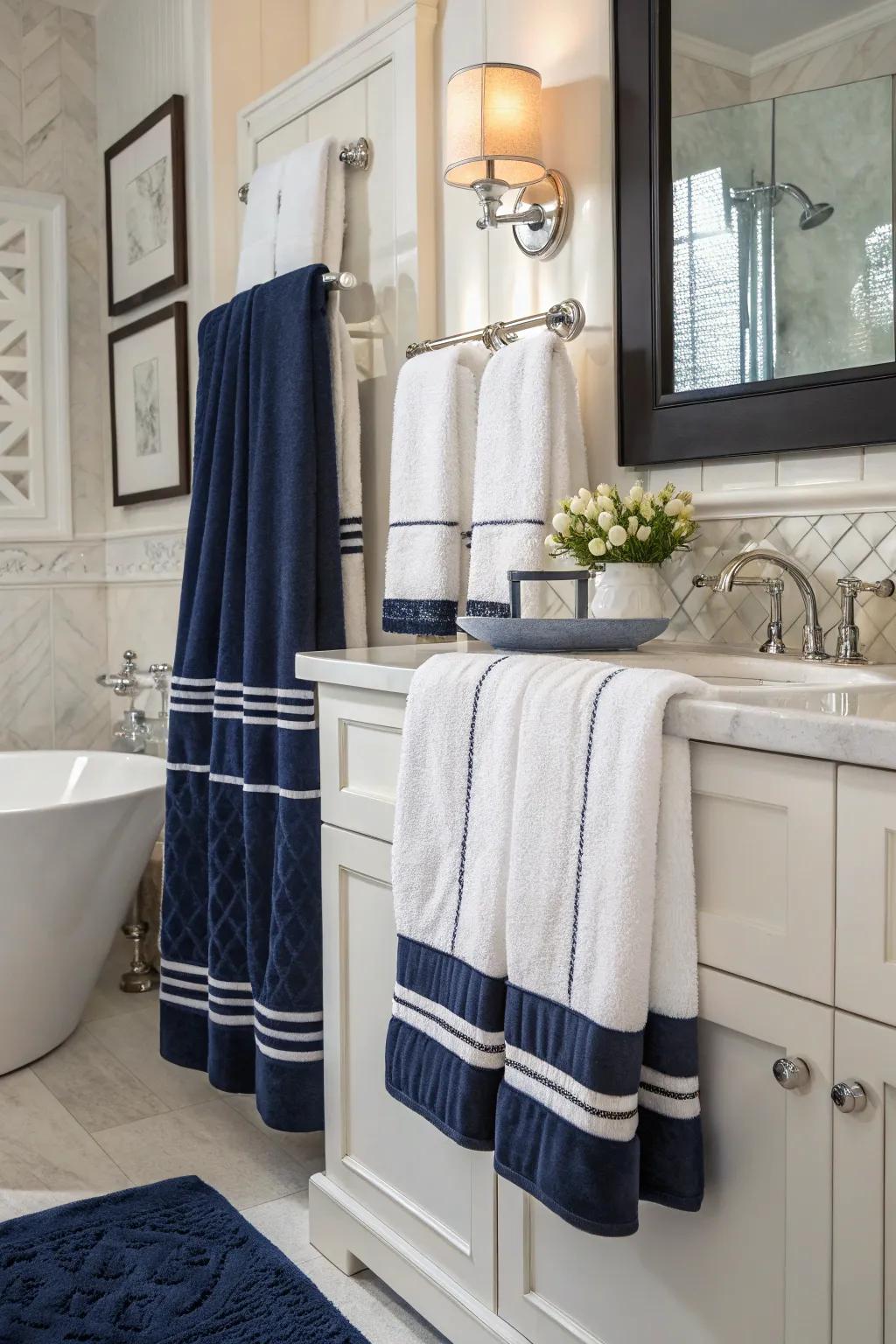 Deep sea and white towels introduce a timeless refinement to any bathroom setting.