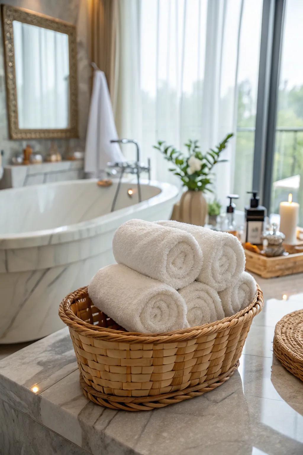 Indulge in a spa-like escape with neatly rolled towels.