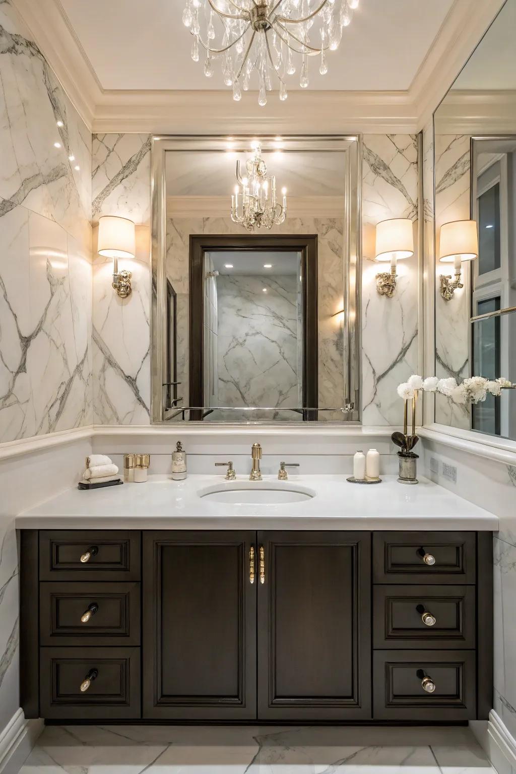 Stone backsplash brings enduring beauty to your bathroom.