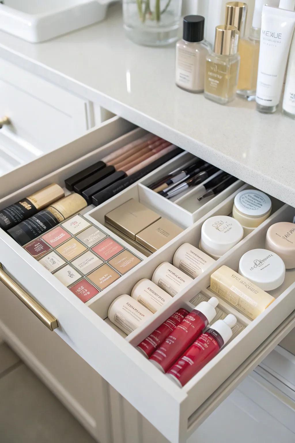 Cosmetics arranged neatly in a drawer with dividers.