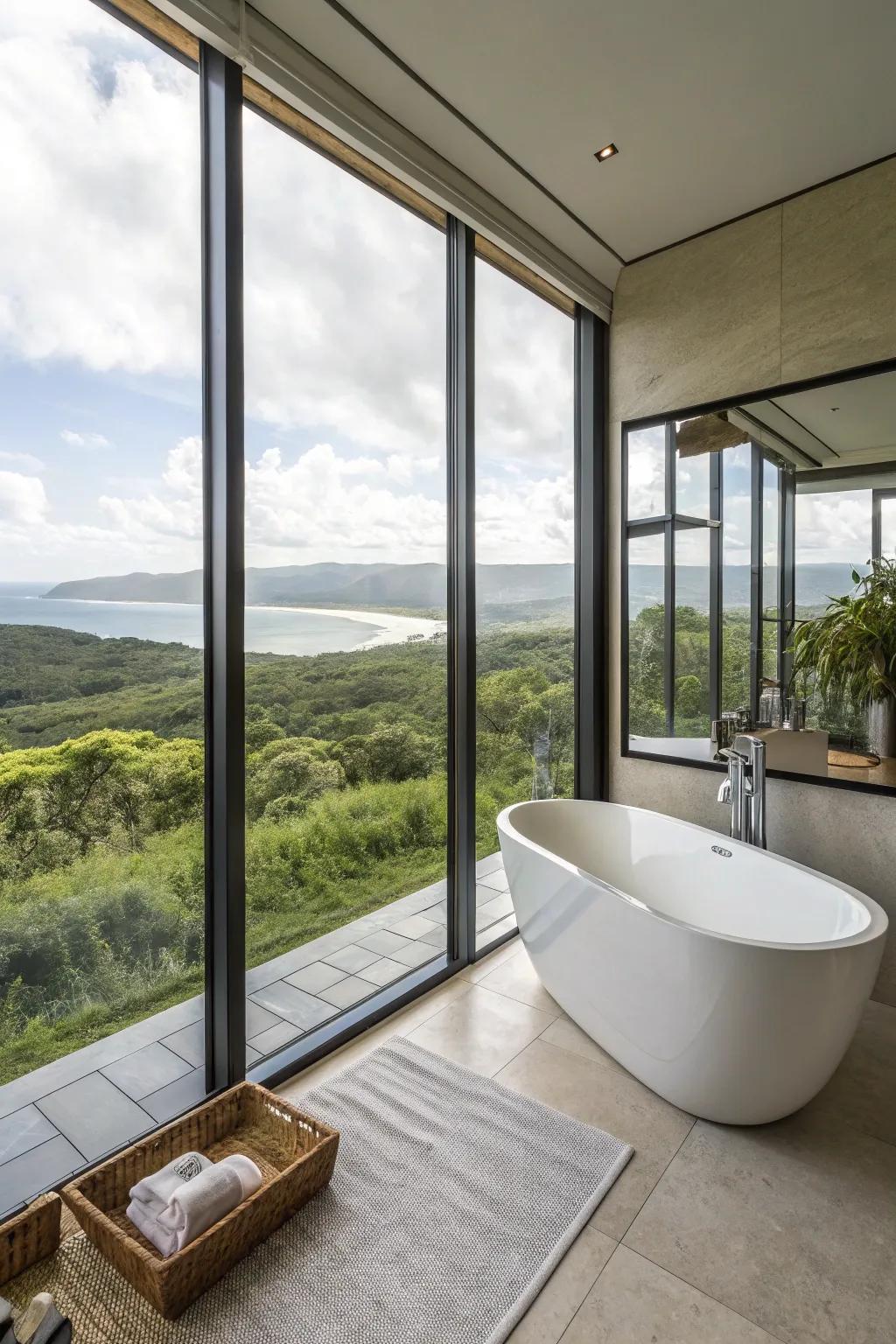 Expansive windows showcasing stunning vistas in a modern bathroom.