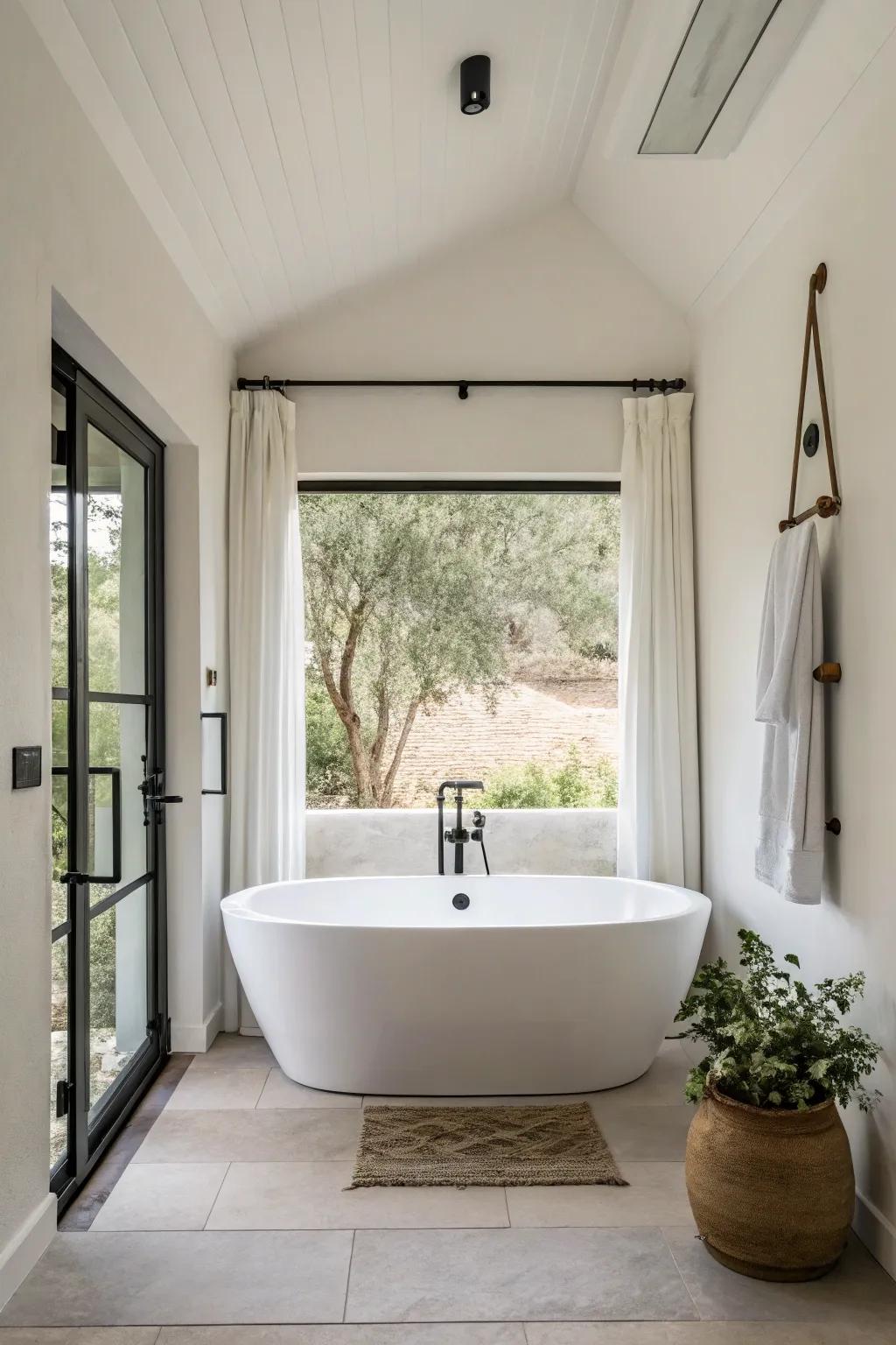 A minimalist bathroom shines with its trendy standalone soak.