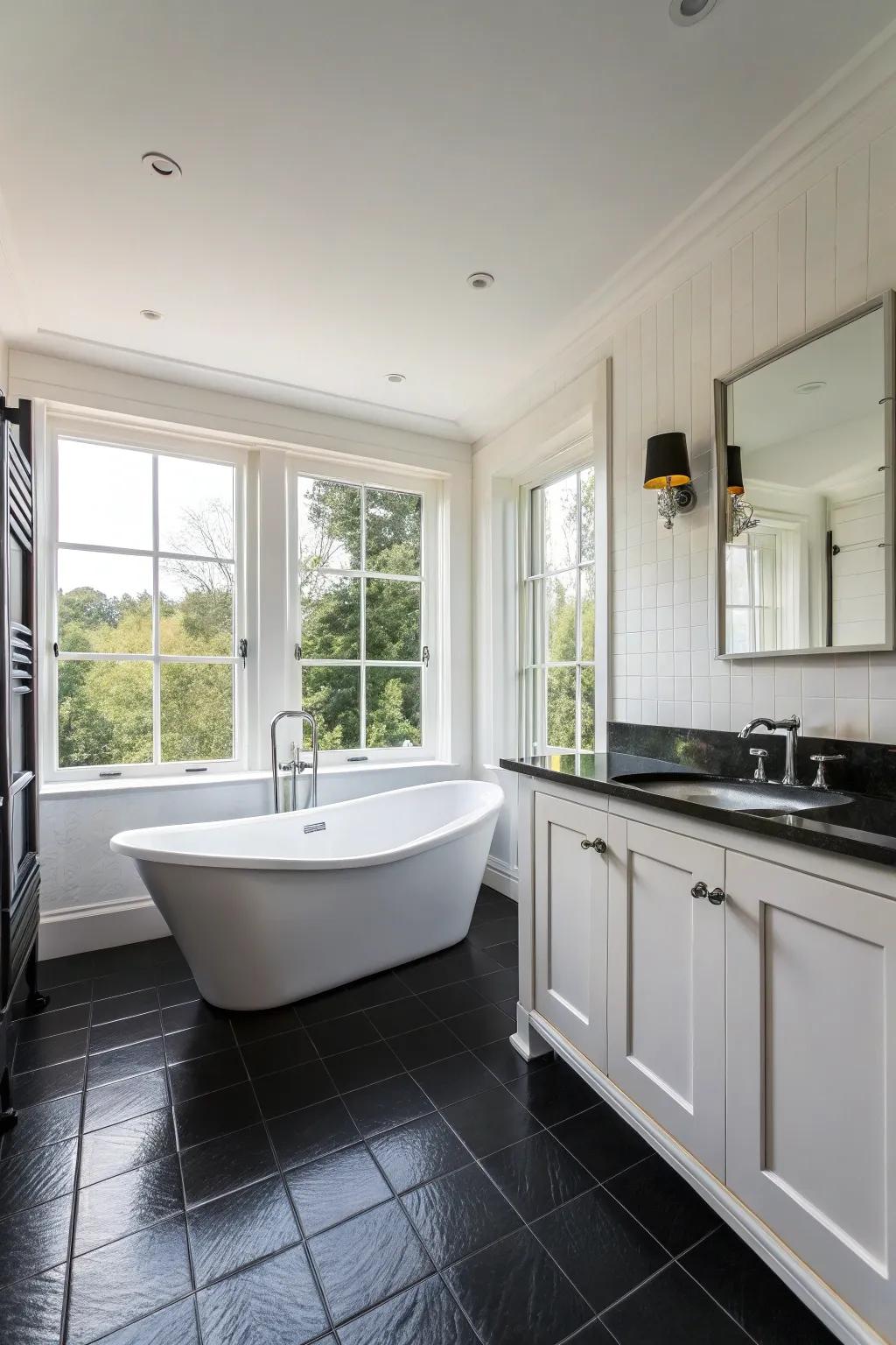 The impeccable balance of dark and bright tones offers an eye-catching contrast within this bathroom setting.