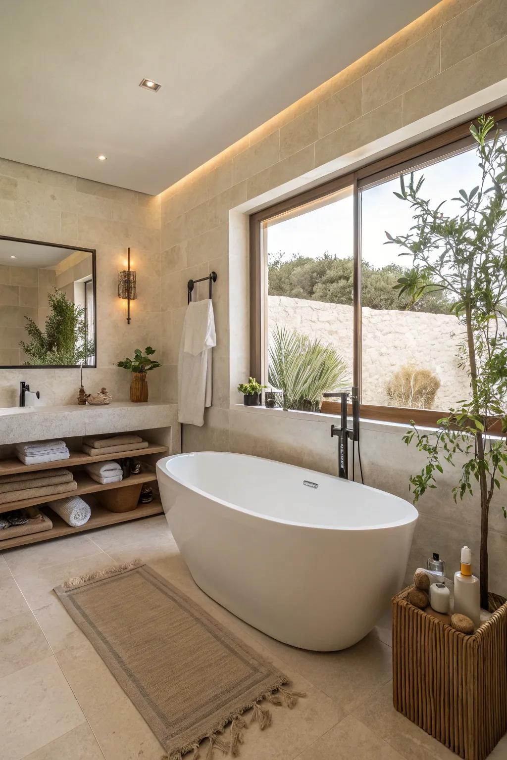 A contemporary minimalist bathroom showcasing an elegant stand-alone soaker.