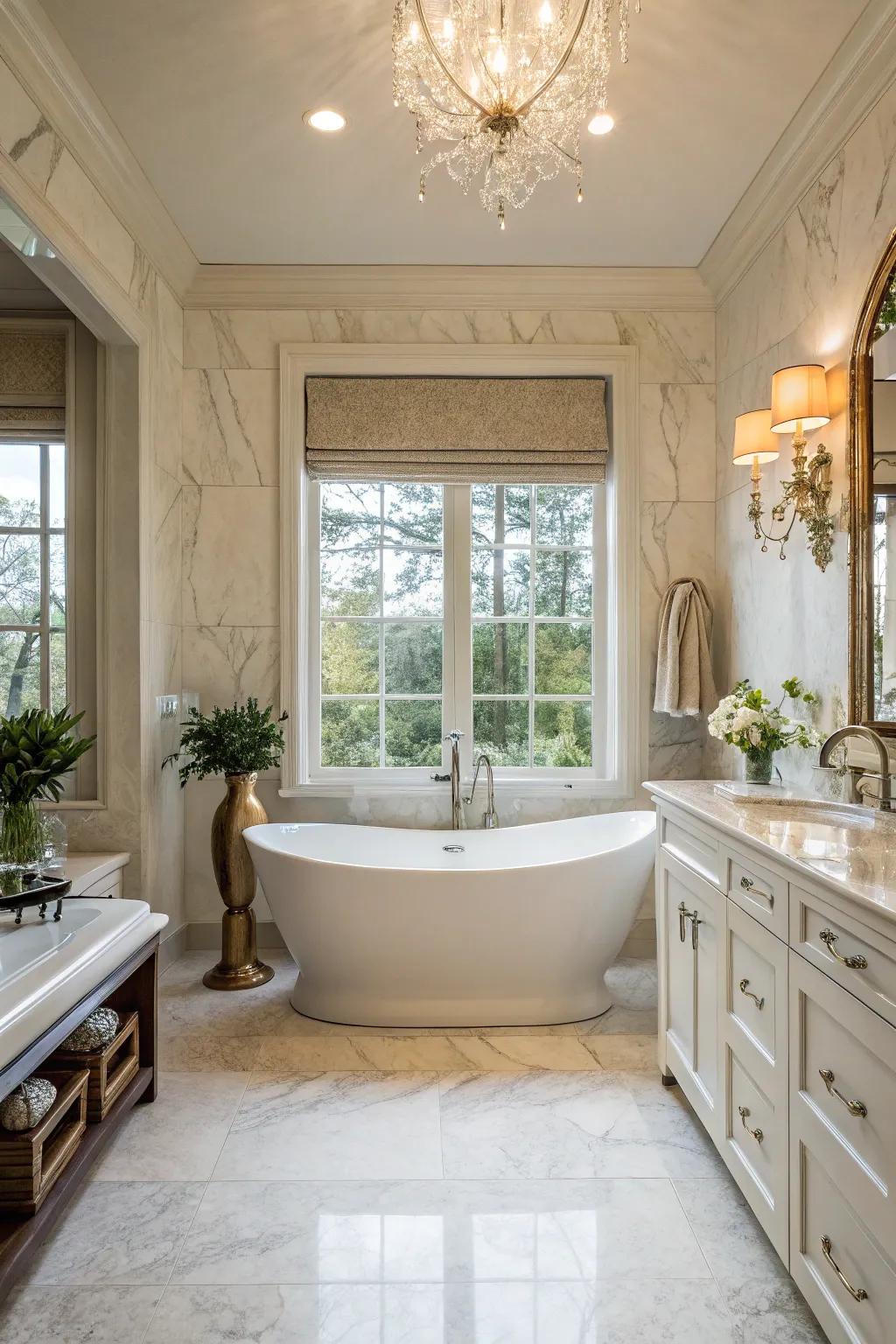 Freestanding tub as the focal point, surrounded by elegant bathroom decor.