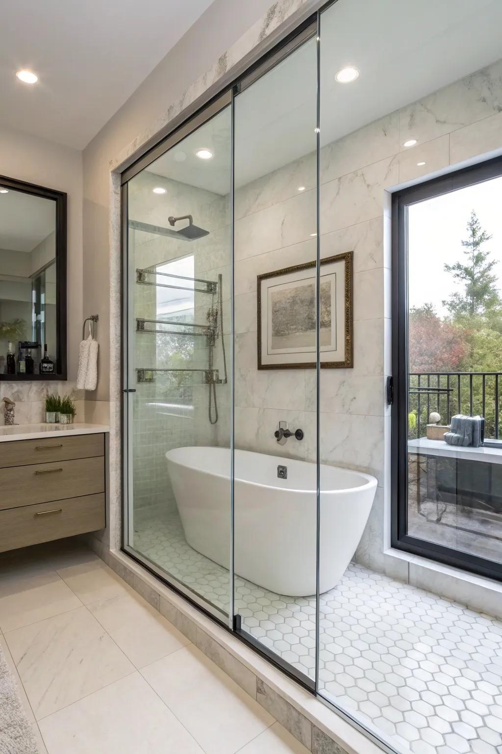 Frameless glass doors bring about a streamlined and expansive bathroom atmosphere.