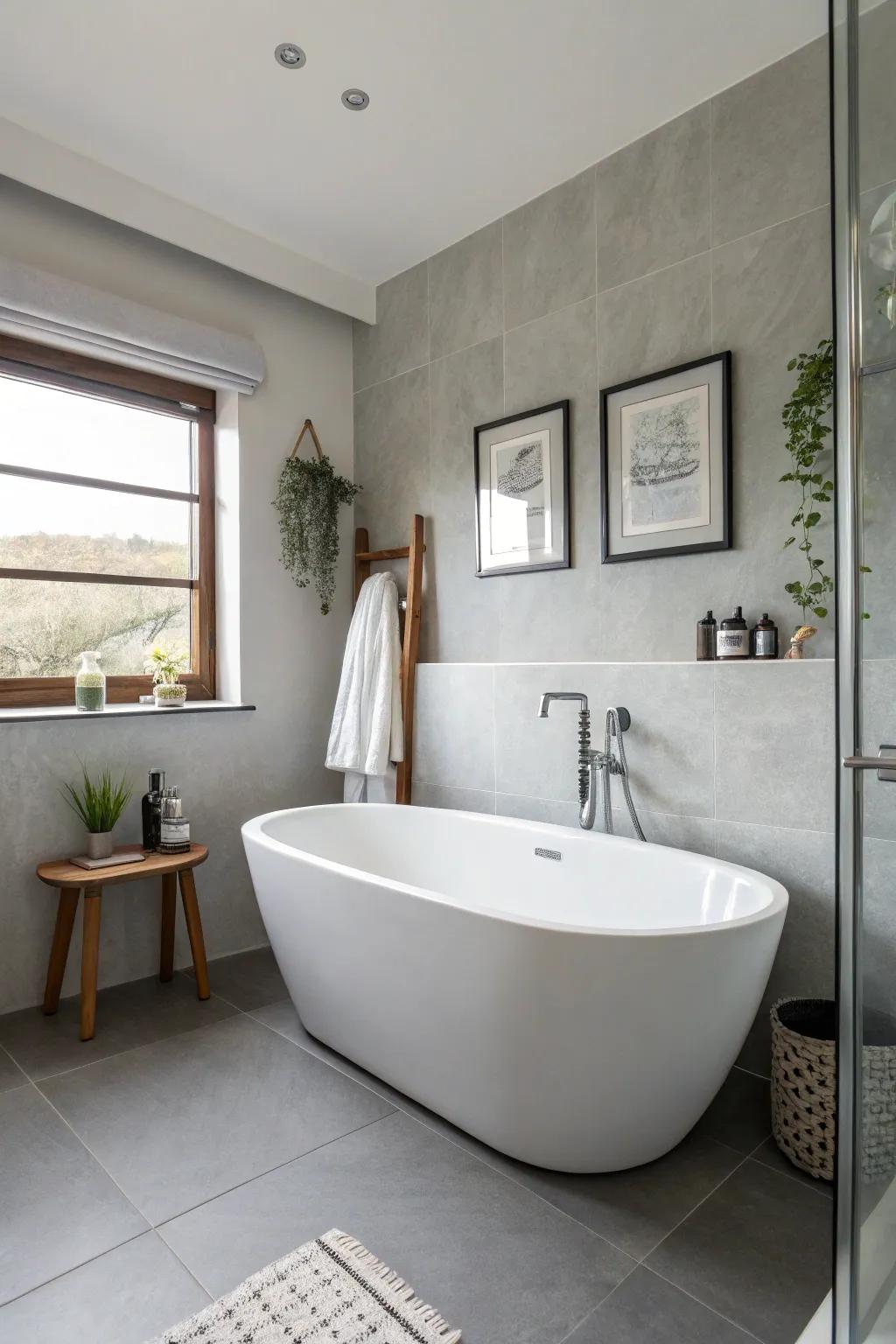 An ivory unattached bathtub introduces a dash of class to a modern bath space.