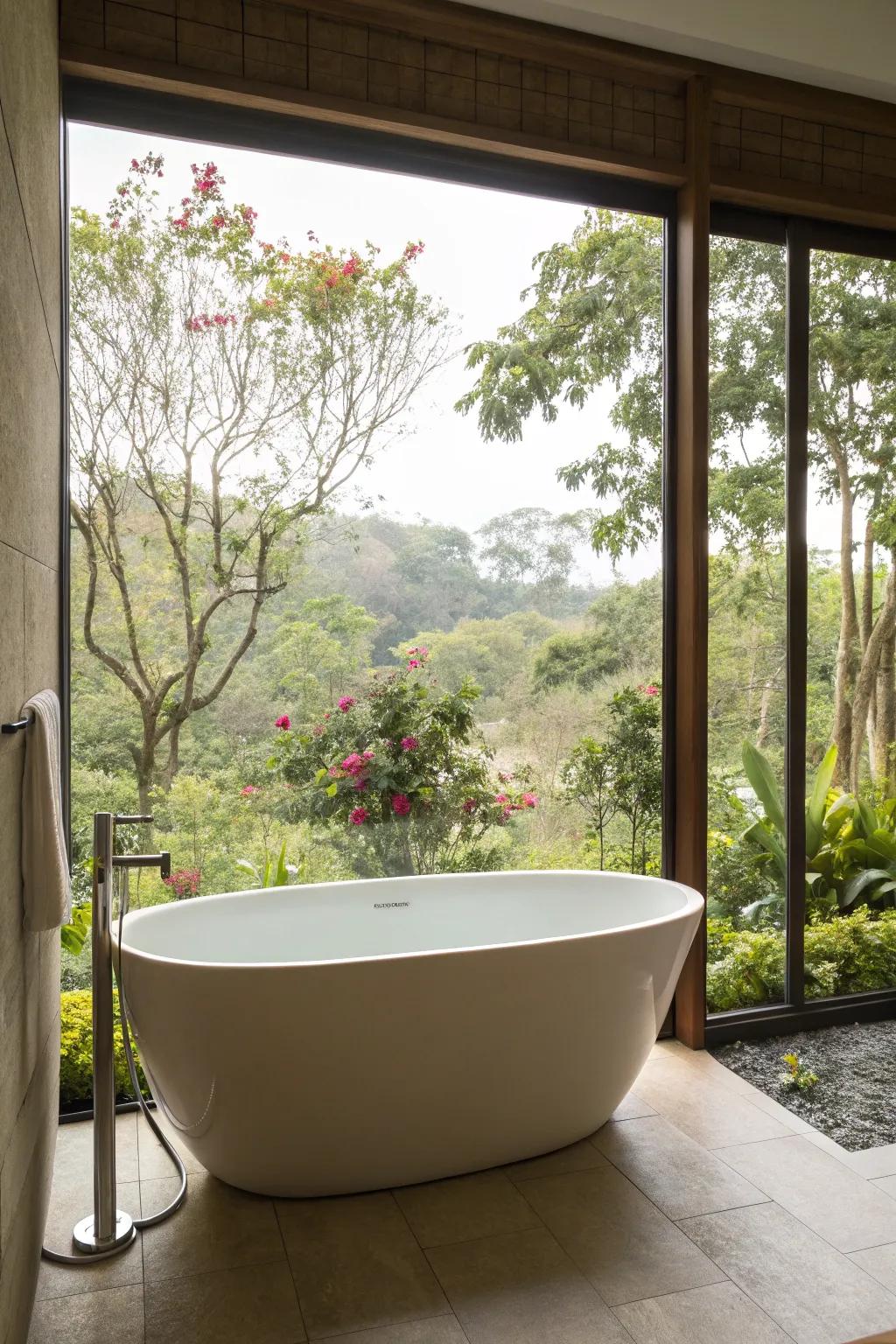 A standalone tub looking out at a peaceful garden.