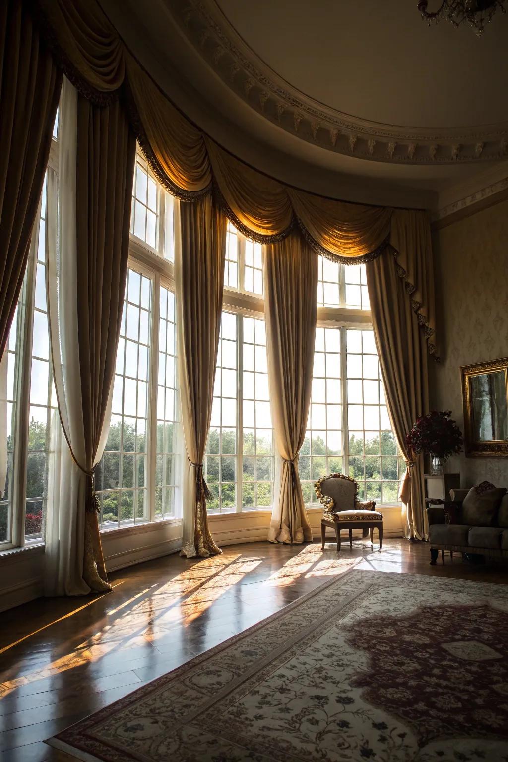 Floor-length curtains cascading gracefully for a luxurious and dramatic effect.