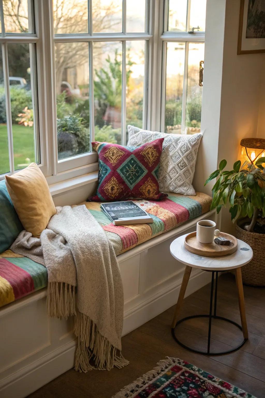 Design a cozy seating nook with vibrant cushions and a soft throw.