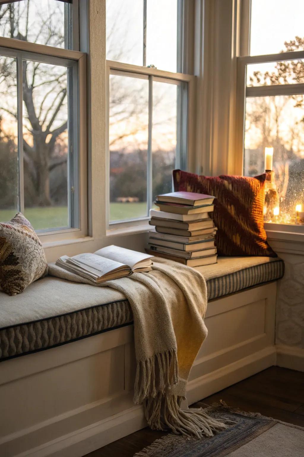 A welcoming reading nook by the bay window is a book lover's paradise.
