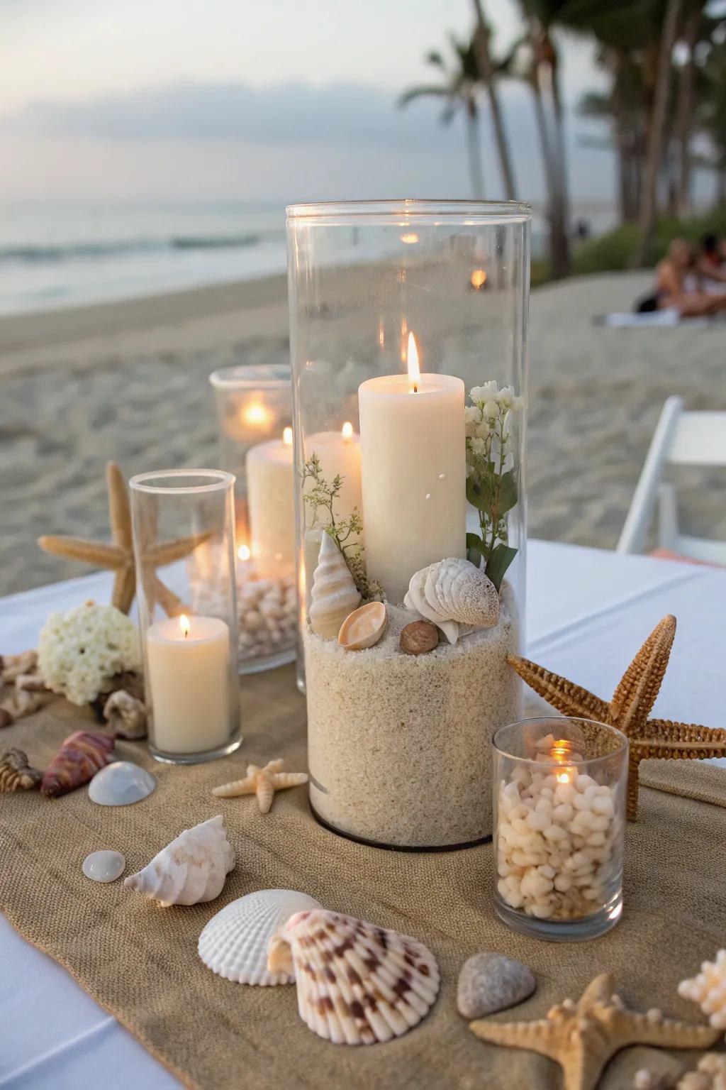 Shells paired with gentle candlelight create enchanting beach-themed centerpieces.