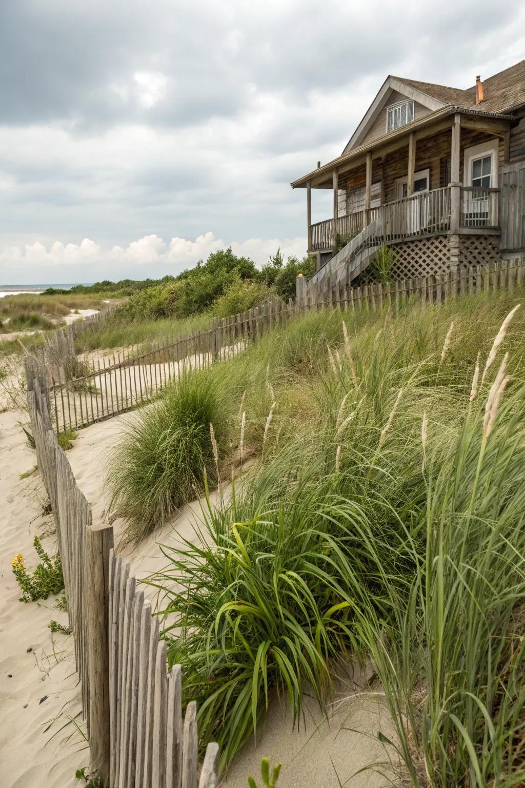 Local coastal plants flourishing in a beach house garden.