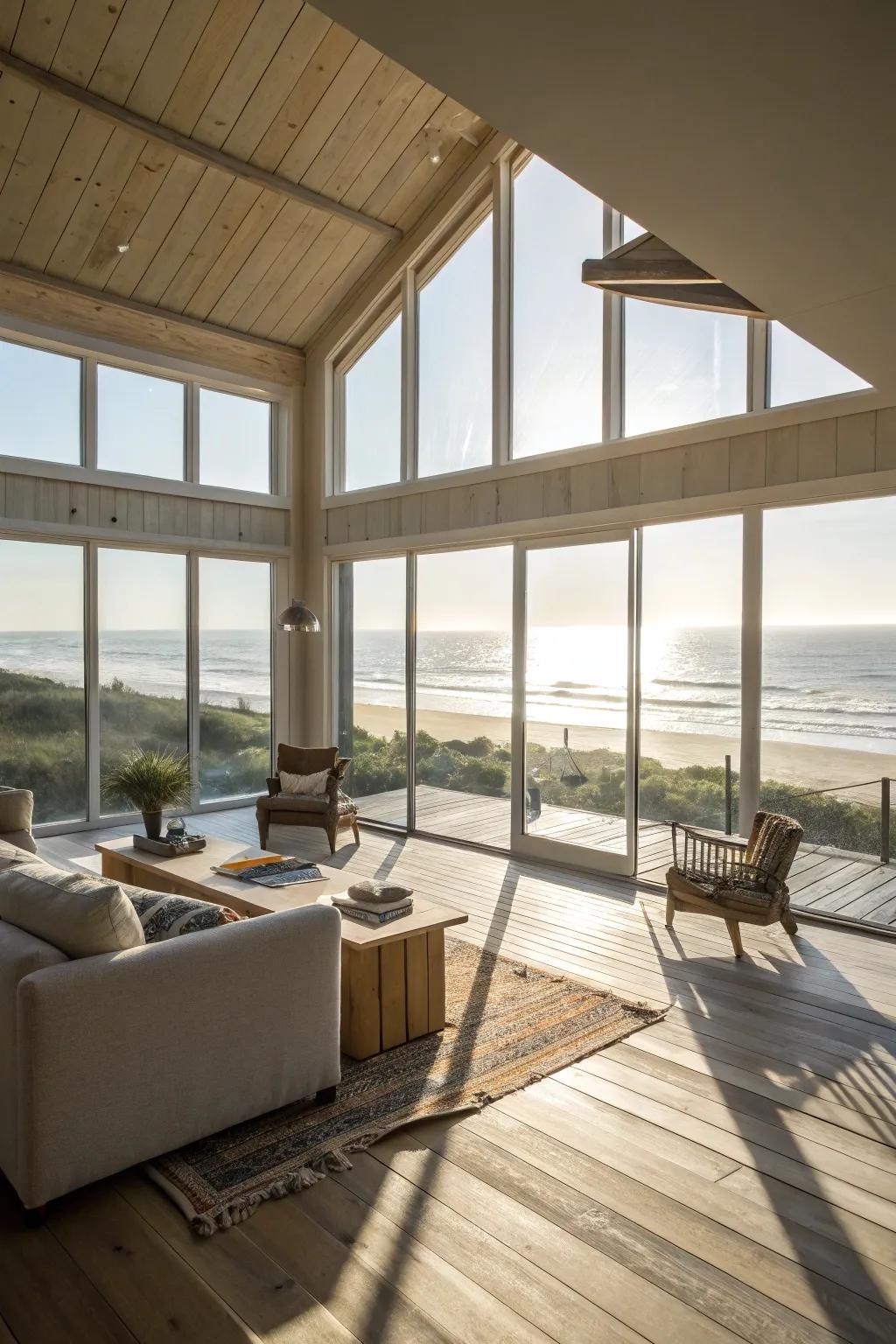 An expansive and airy beach house interior that exudes warmth and brightness.