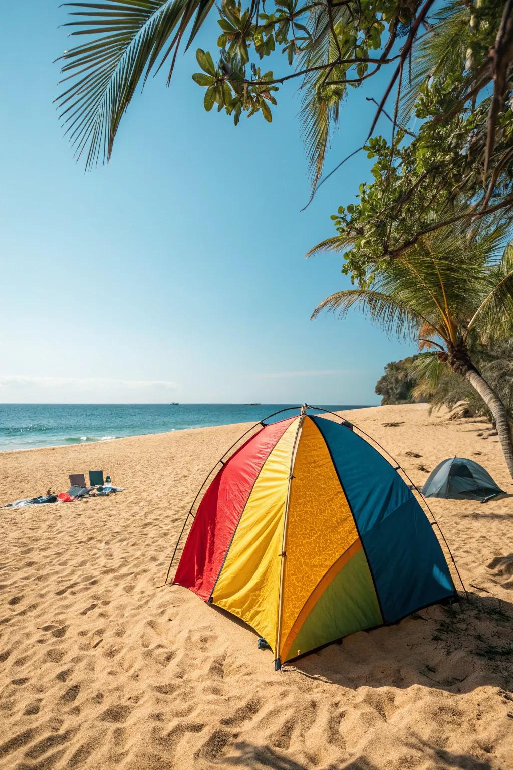 Instant beach shelters deliver swift setup and immediate sunblock.