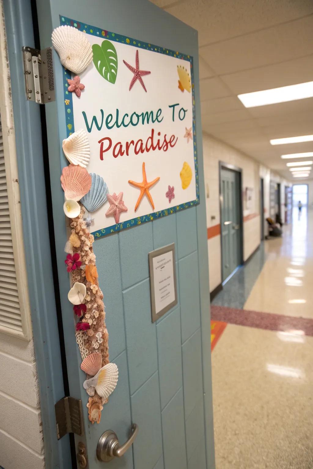 A classroom door that embraces students with a 'Welcome to Paradise' sign and various beach-themed decorations.