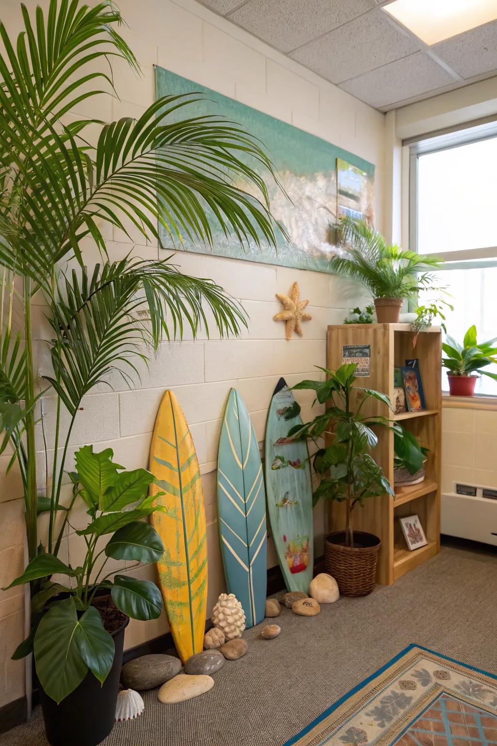 A vibrant classroom corner featuring rainforest plants and ocean-themed accents for an invigorating seaside ambiance.