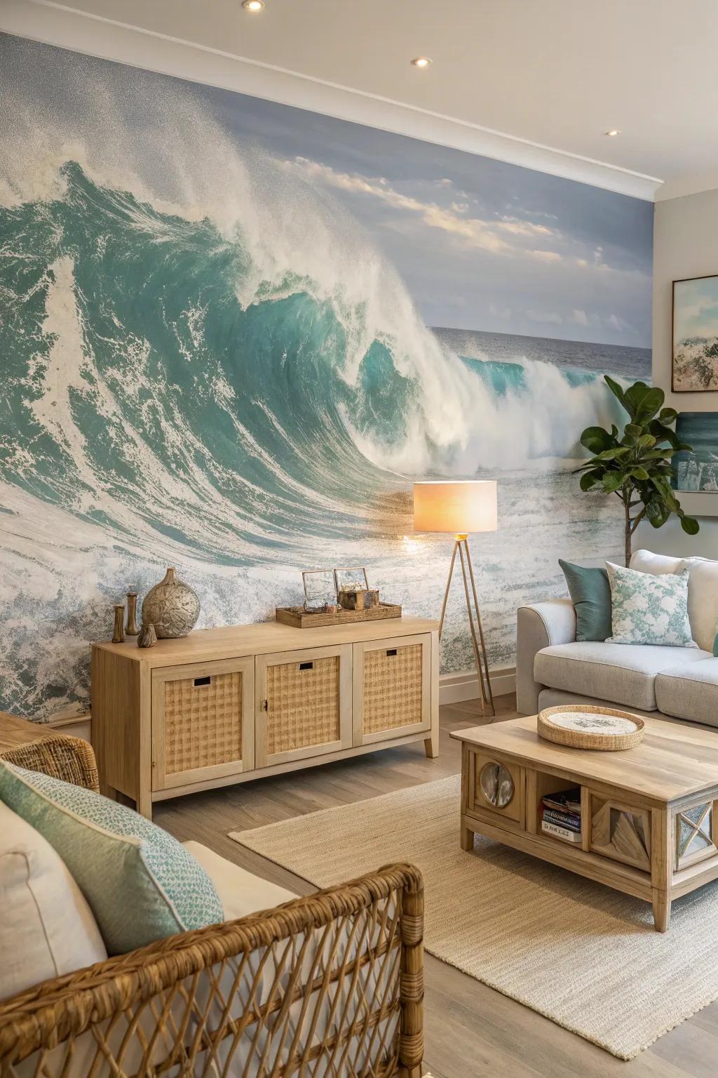 Experience the ocean's rhythm with dynamic wave-patterned wallpaper.