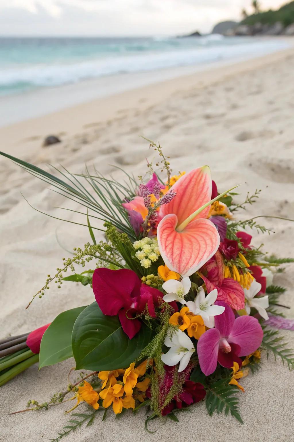 A vibrant tropical flower arrangement ideal for a seaside wedding.