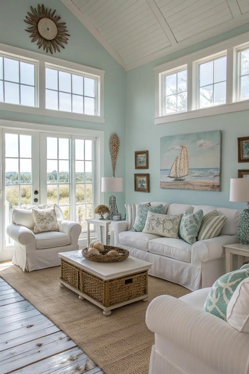 A calming blue and white color palette helps craft a tranquil coastal atmosphere.
