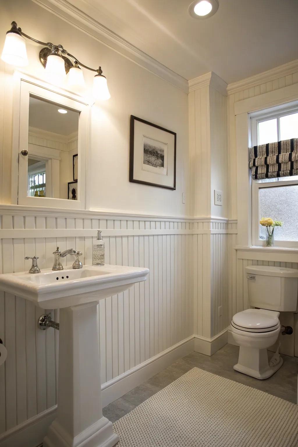 Pristine white groove panels enhance any bathroom decor.