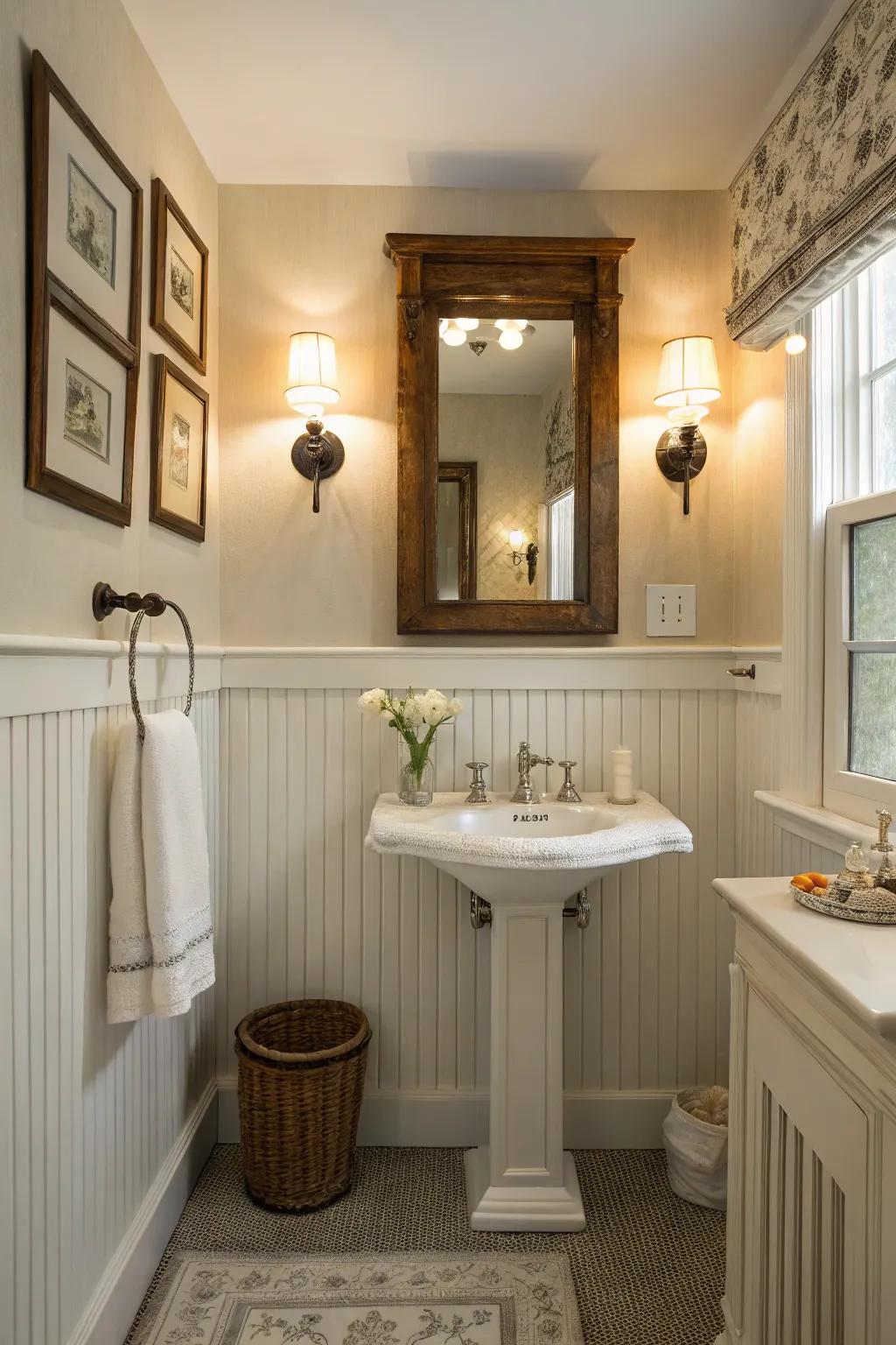 A captivating bathroom featuring half-walls adorned with beadboard and an antique mirror.