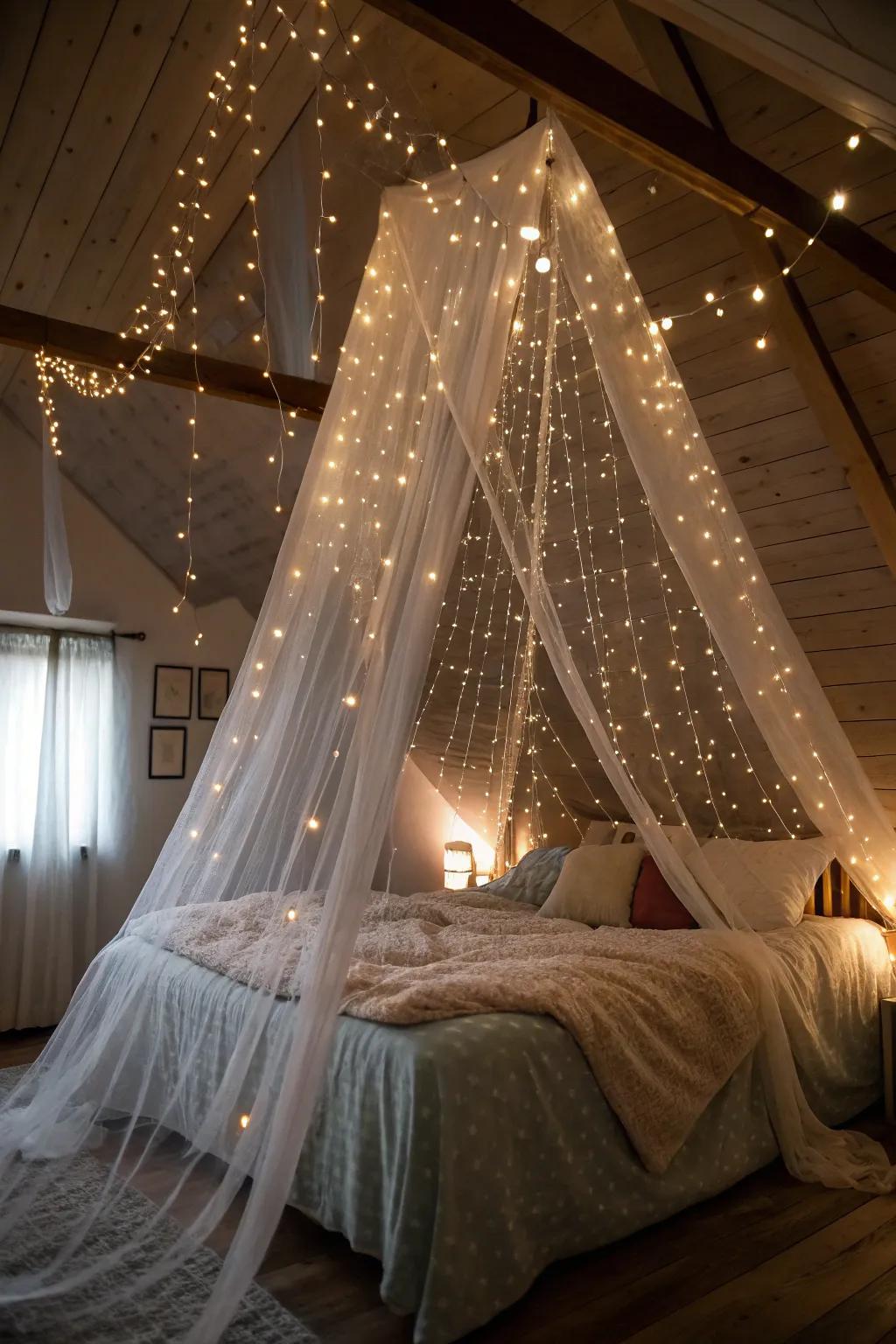 A twinkling canopy of lights transforms this bedroom into a celestial escape.