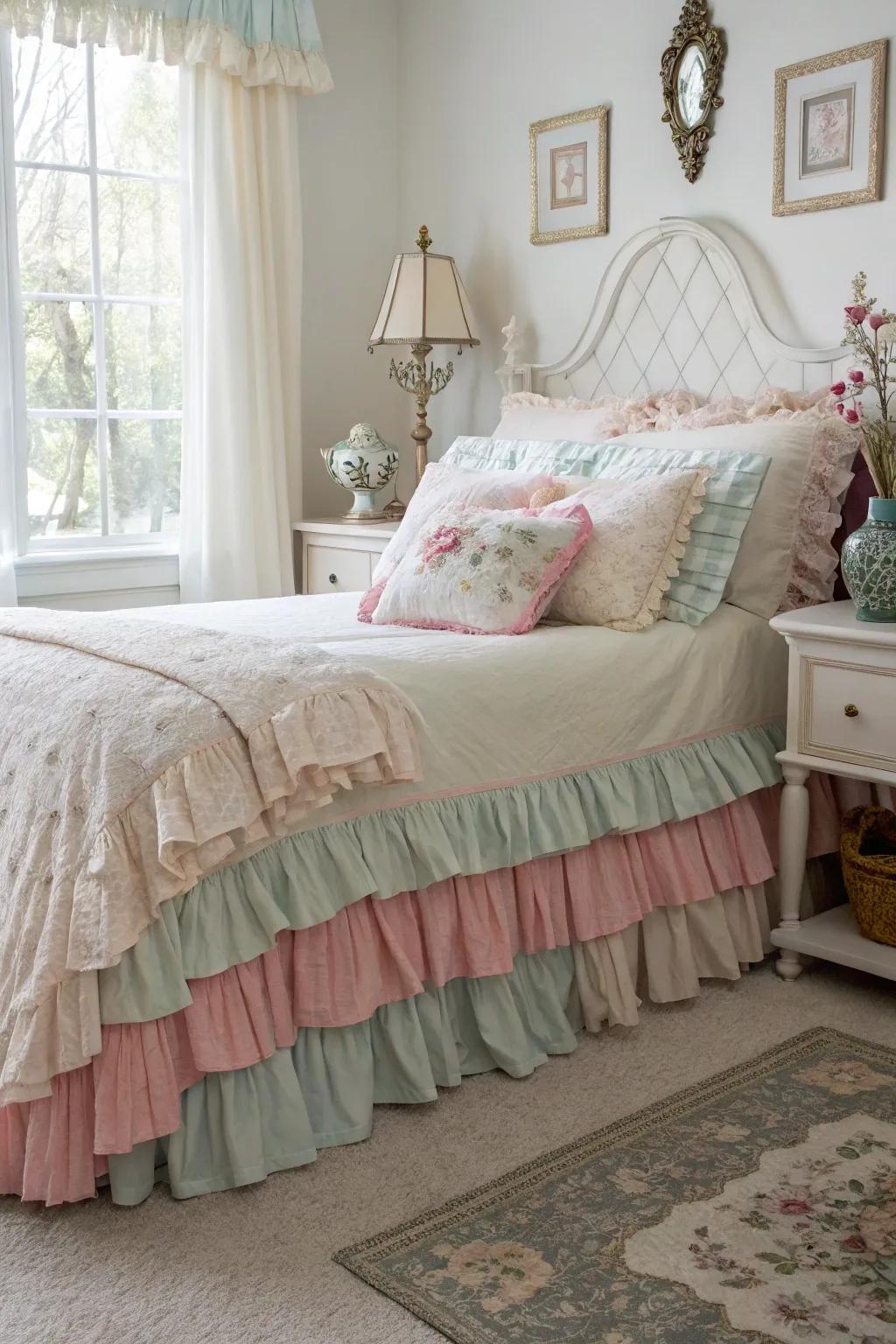 The ruffled bed skirt introduces a welcoming and romantic element to the space.