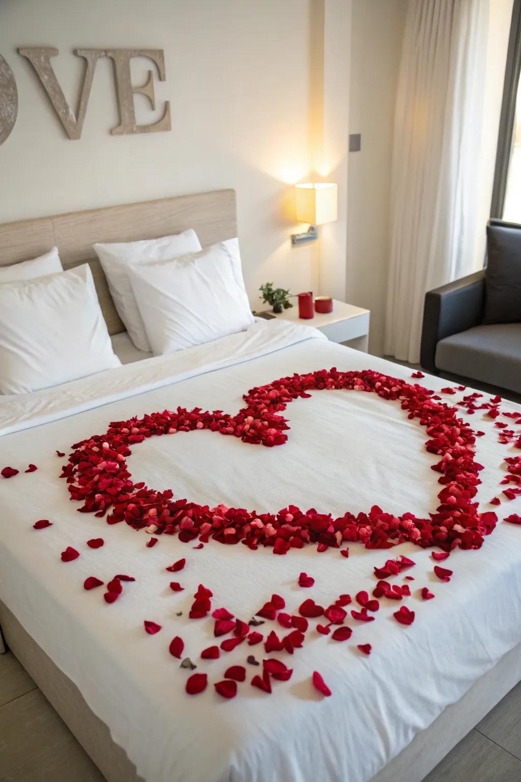 A classic heart-shaped design created with rose petals, exuding timeless romance.