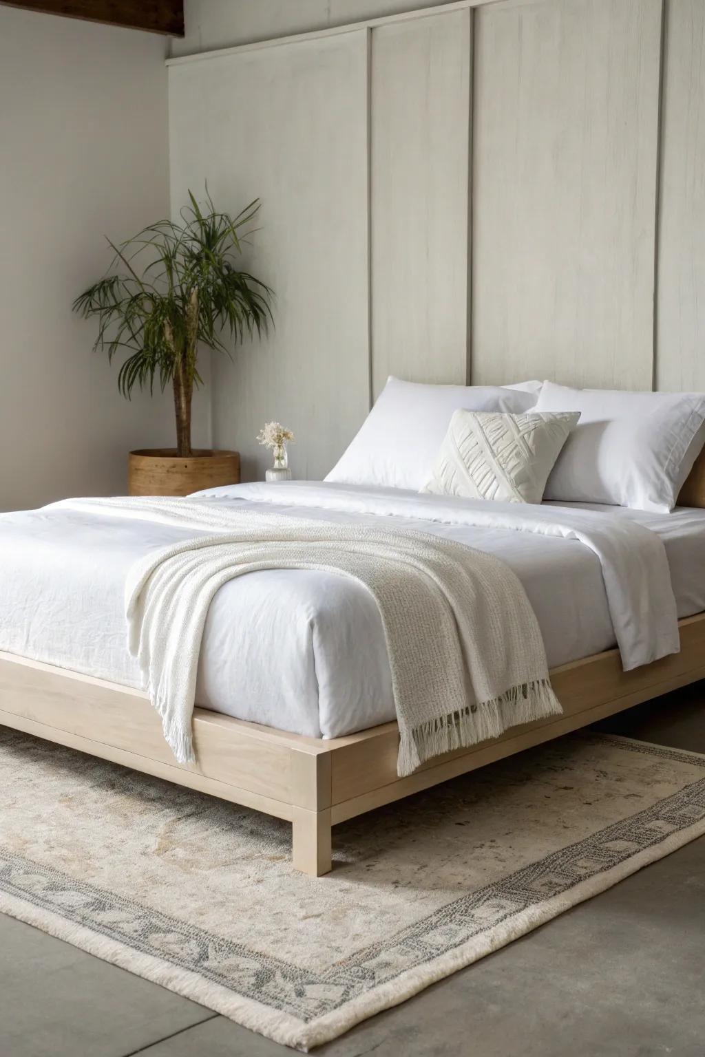 A minimalist approach using basic bedding can fashion a serene escape.